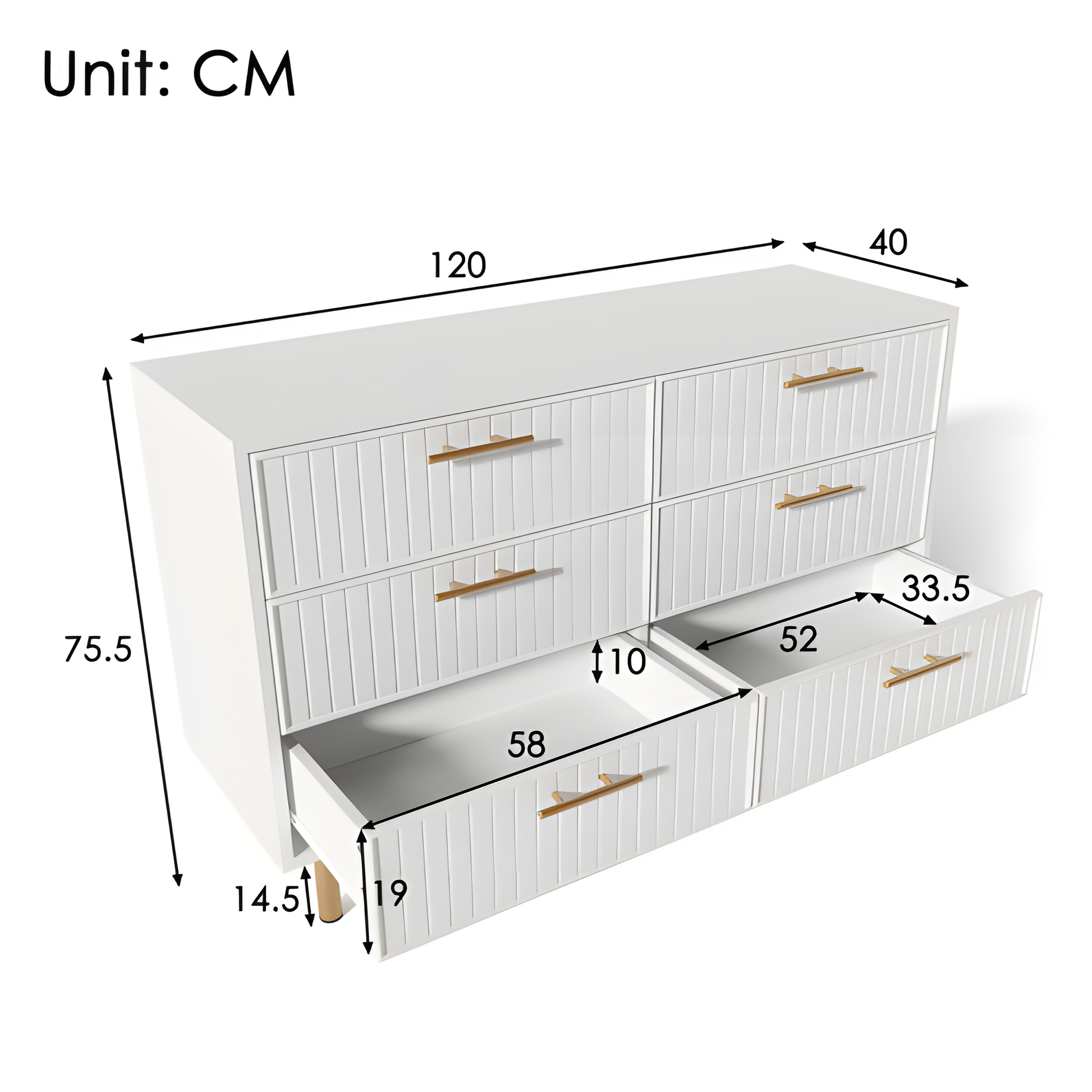 „LUXORA SIX“ – Moderne Kommode mit 6 Schubladen in Weiß und Gold, 120 × 75 × 40 cm