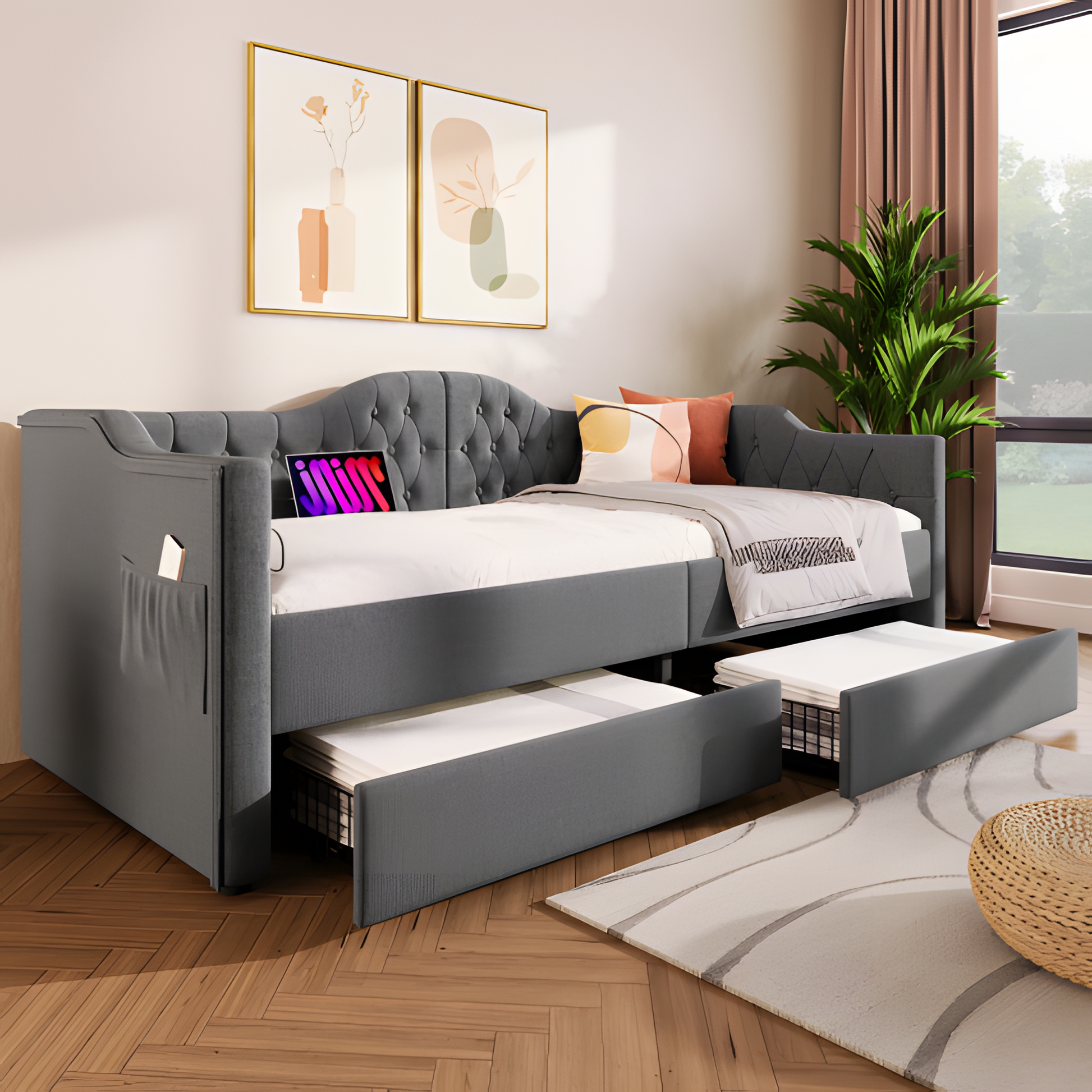 "DUOSLEEP" – Schlafsofa mit Stauraum und USB/Typ-C-Anschluss (90x190 cm, Beige oder Grau)
