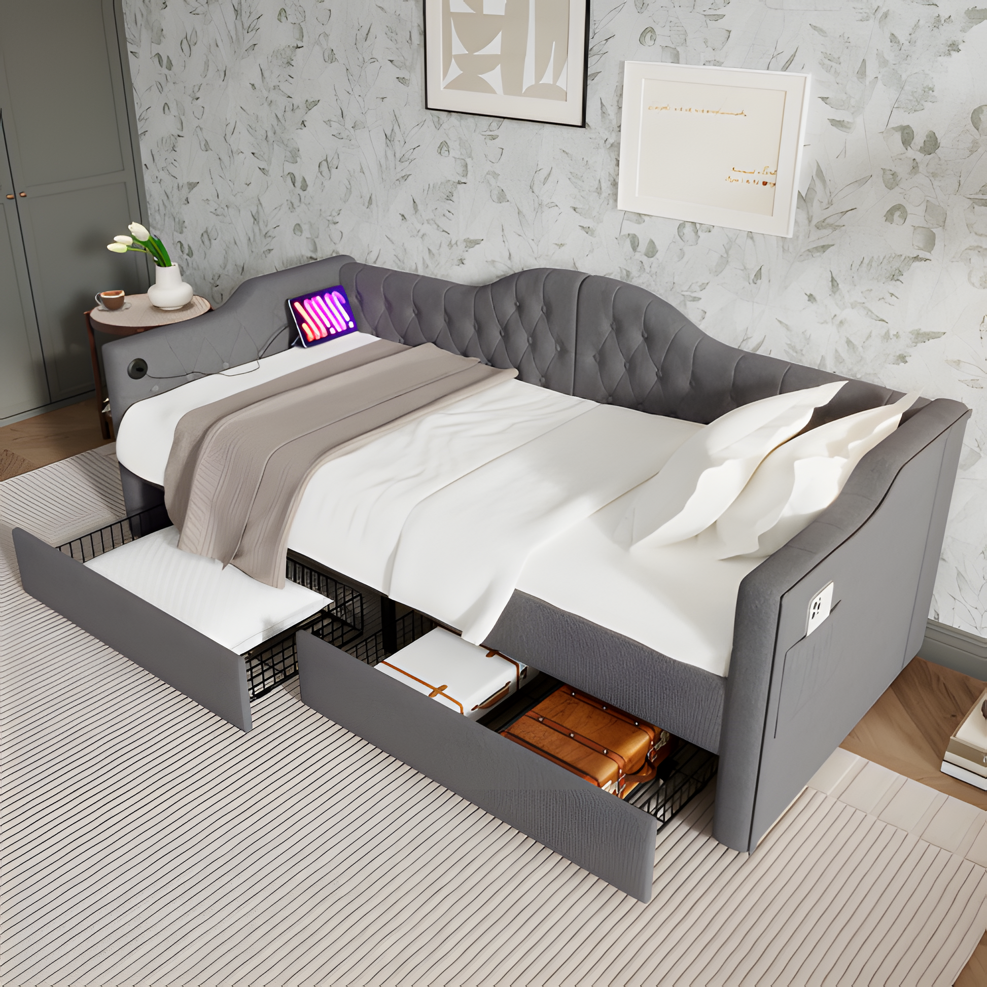 "DUOSLEEP" – Schlafsofa mit Stauraum und USB/Typ-C-Anschluss (90x190 cm, Beige oder Grau)