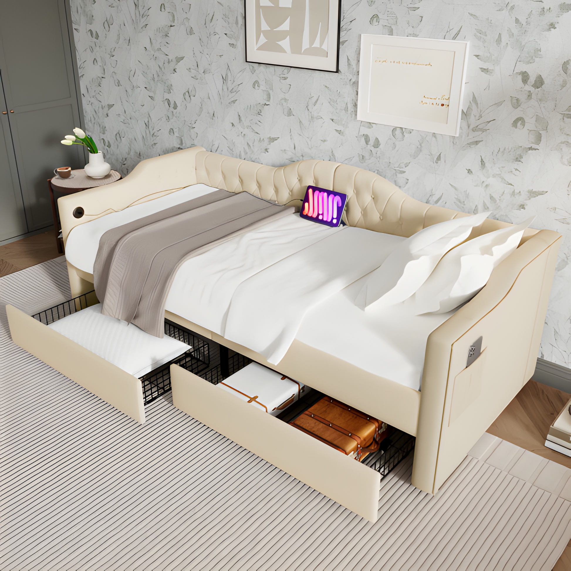 "DUOSLEEP" – Schlafsofa mit Stauraum und USB/Typ-C-Anschluss (90x190 cm, Beige oder Grau)