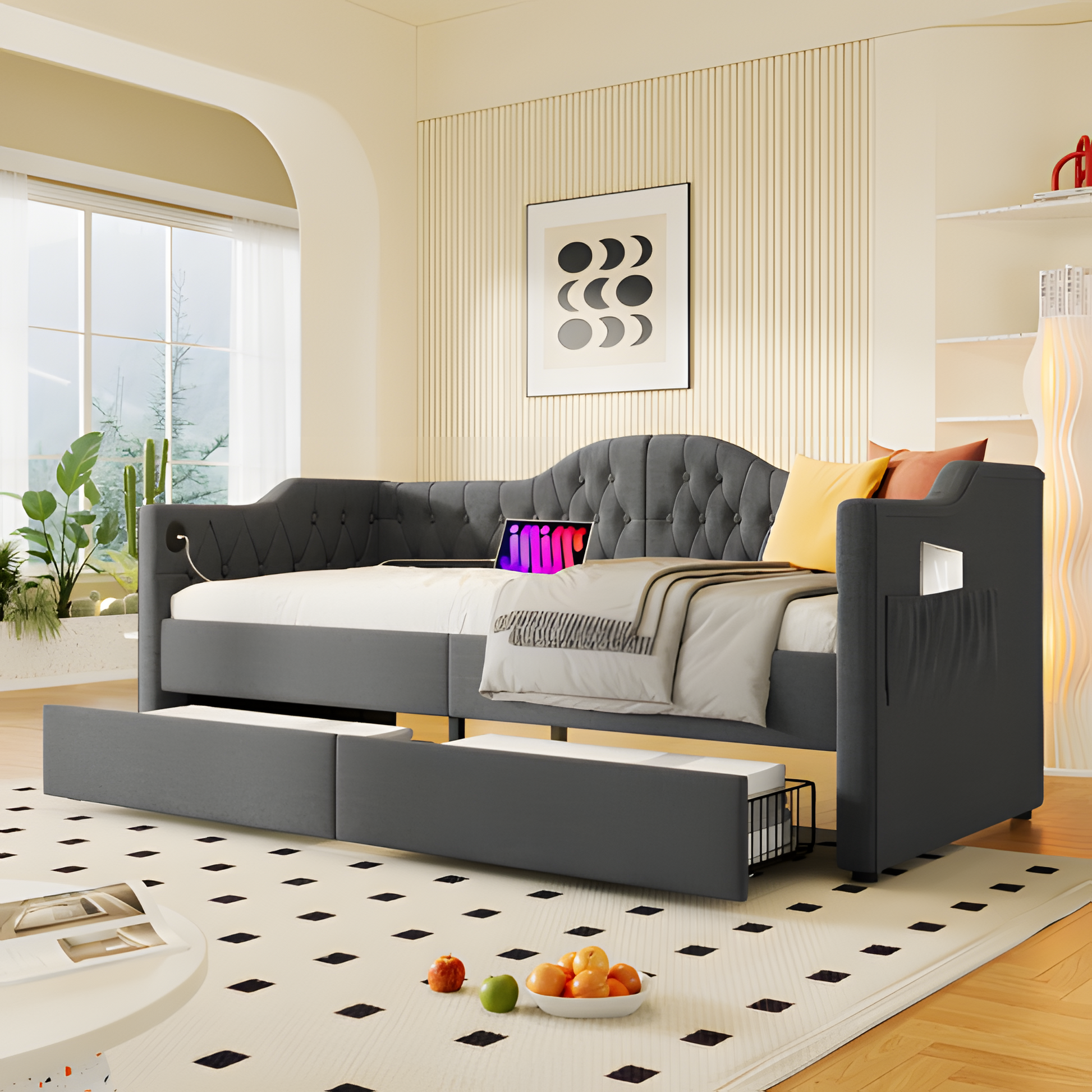 "DUOSLEEP" – Schlafsofa mit Stauraum und USB/Typ-C-Anschluss (90x190 cm, Beige oder Grau)