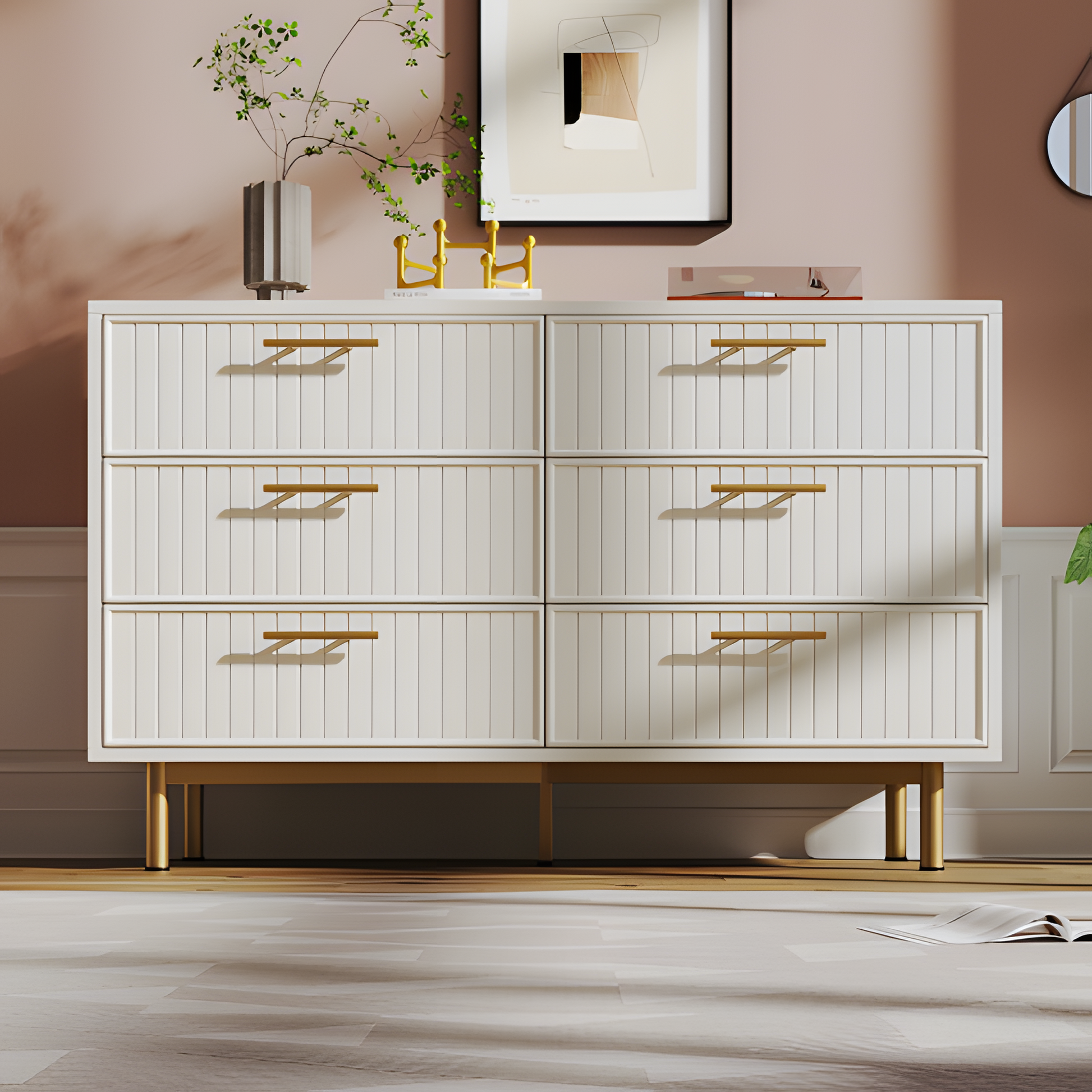 „LUXORA SIX“ – Moderne Kommode mit 6 Schubladen in Weiß und Gold, 120 × 75 × 40 cm