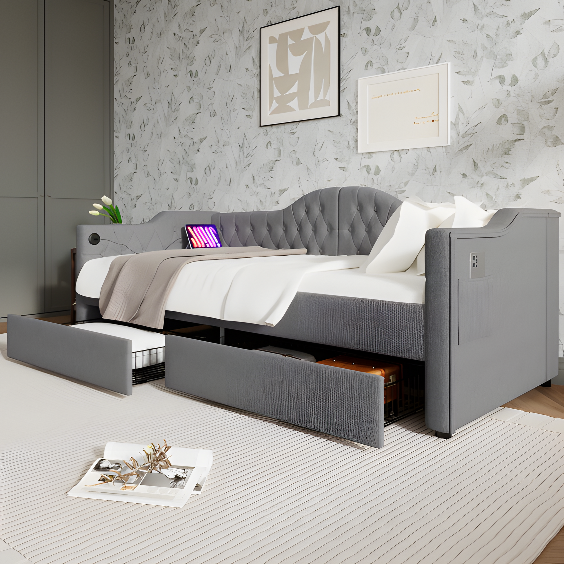 "DUOSLEEP" – Schlafsofa mit Stauraum und USB/Typ-C-Anschluss (90x190 cm, Beige oder Grau)