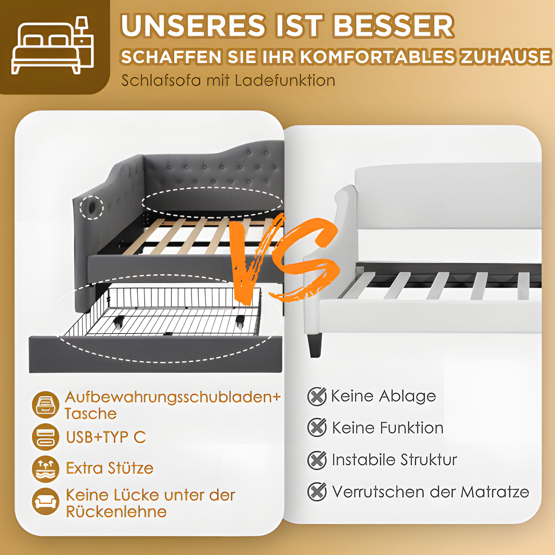 "DUOSLEEP" – Schlafsofa mit Stauraum und USB/Typ-C-Anschluss (90x190 cm, Beige oder Grau)