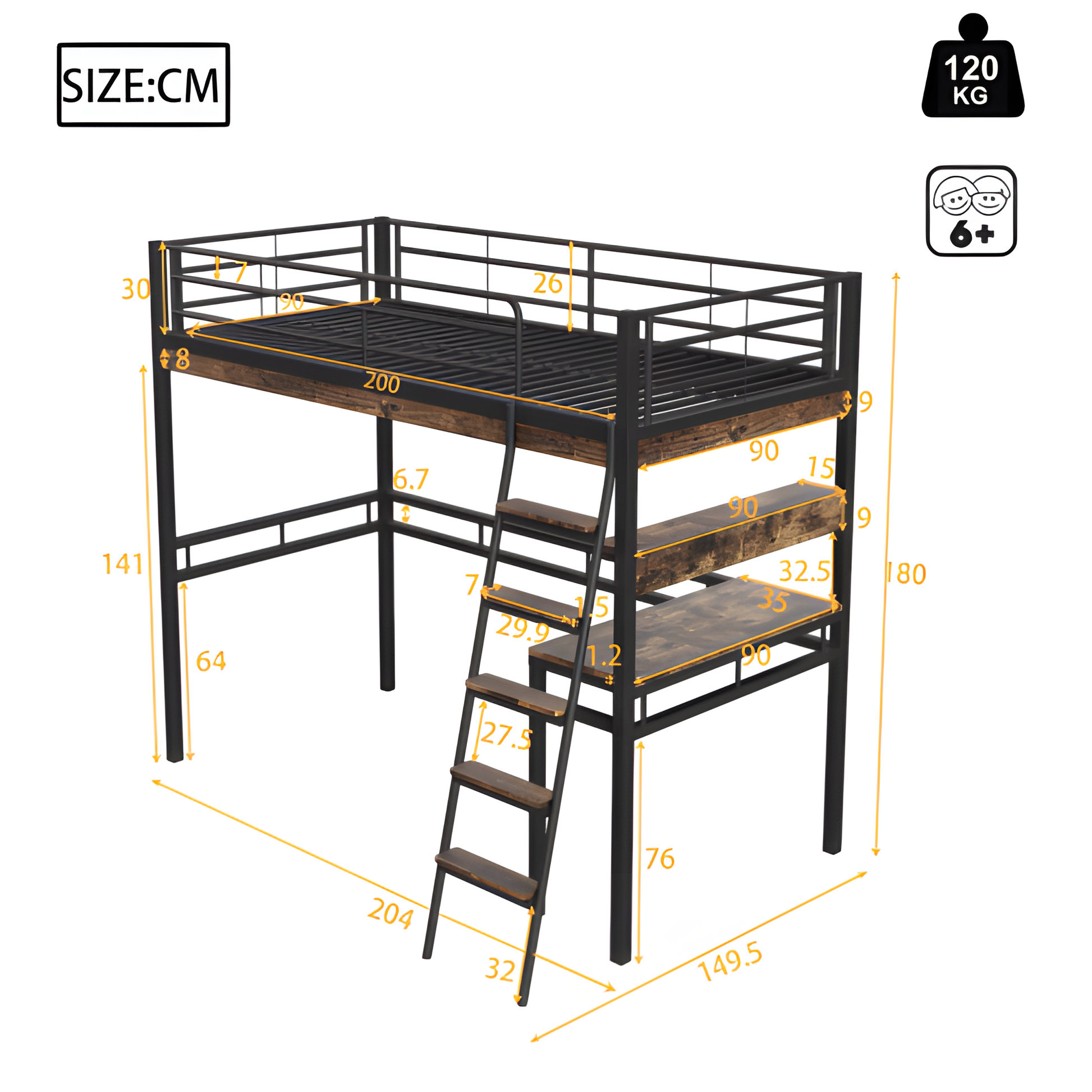 "ALTO" – Hochbett 90×200 cm mit Schreibtisch & Regal in Schwarz