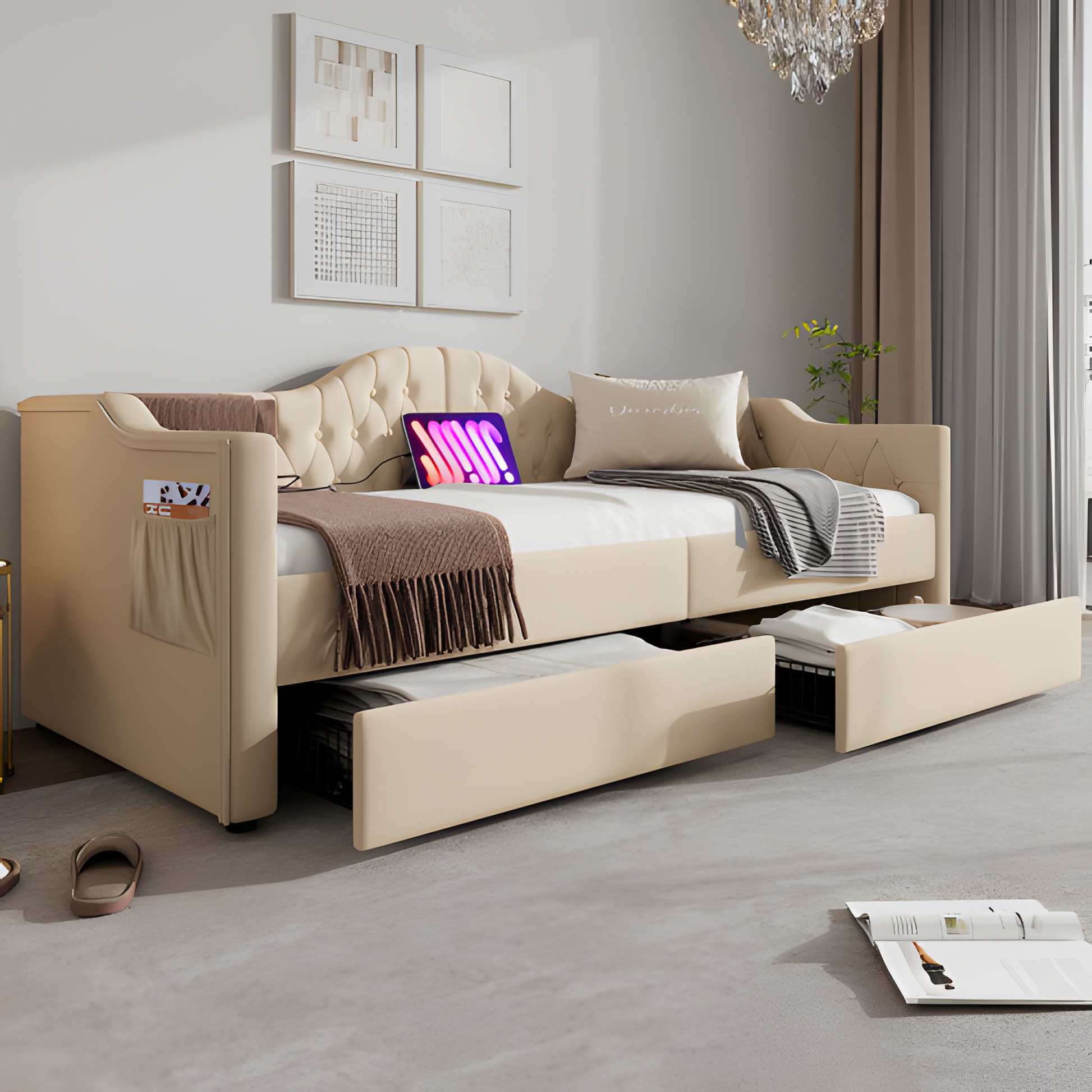 "DUOSLEEP" – Schlafsofa mit Stauraum und USB/Typ-C-Anschluss (90x190 cm, Beige oder Grau)