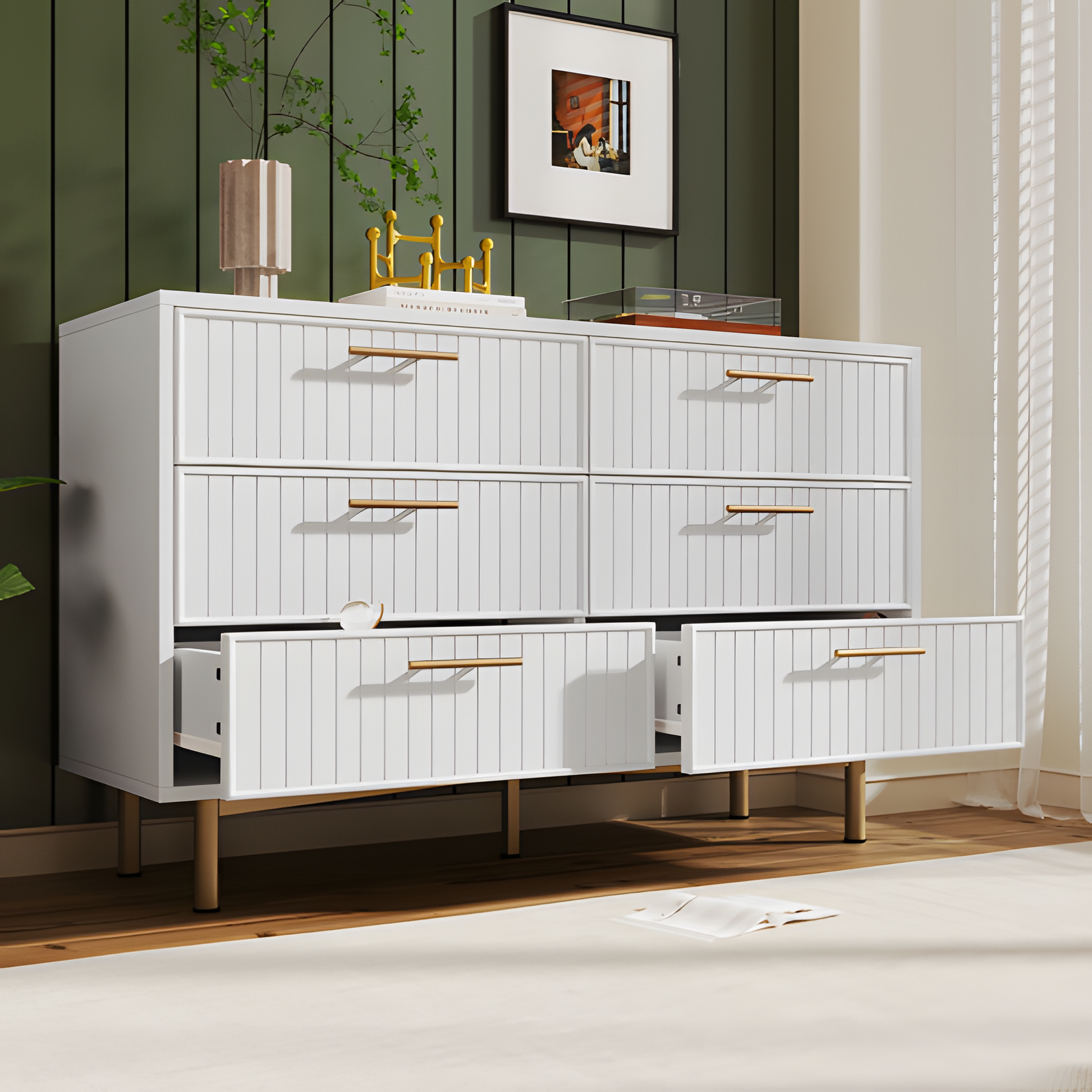 „LUXORA SIX“ – Moderne Kommode mit 6 Schubladen in Weiß und Gold, 120 × 75 × 40 cm