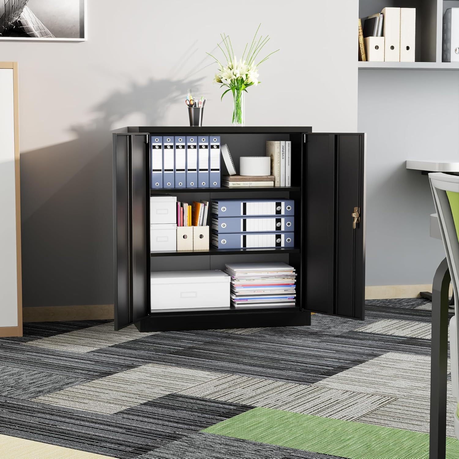 "SUPEER" – Metall-Aktenschrank mit 2 verstellbaren Einlegeböden (90 × 80 × 40 cm) – Schwarz oder Weiß