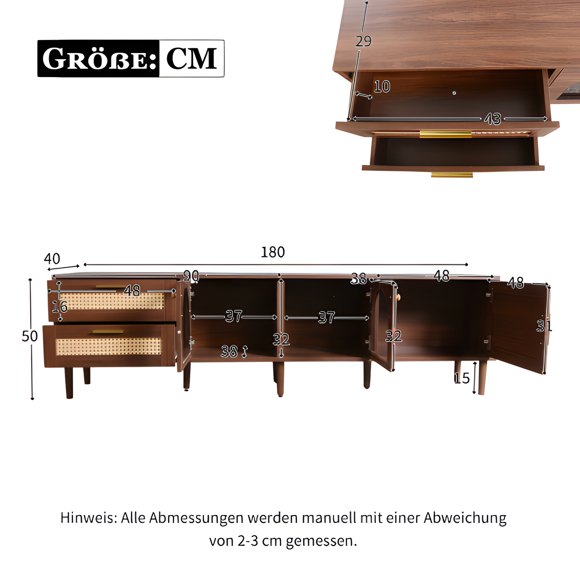 TV-Schrank „RattanLux“ – 180 cm, LED, Rattan & Glas | Für Fernseher bis 80 Zoll