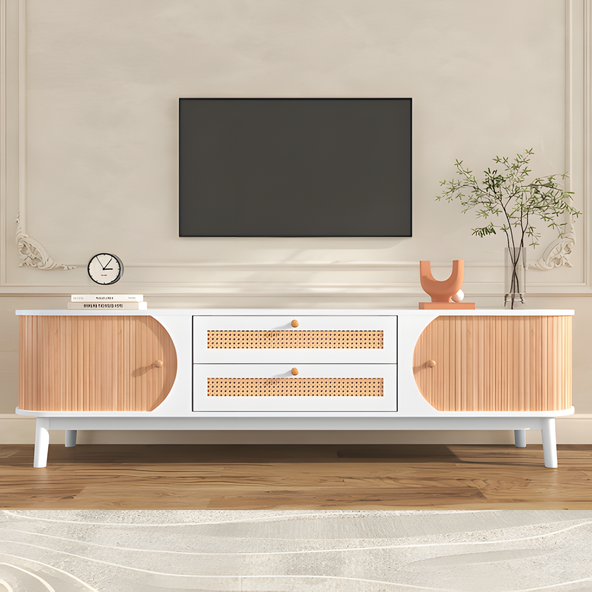 TV-Schrank „RATTANA“ – Natürliches Design mit Rattandetails & Stauraum