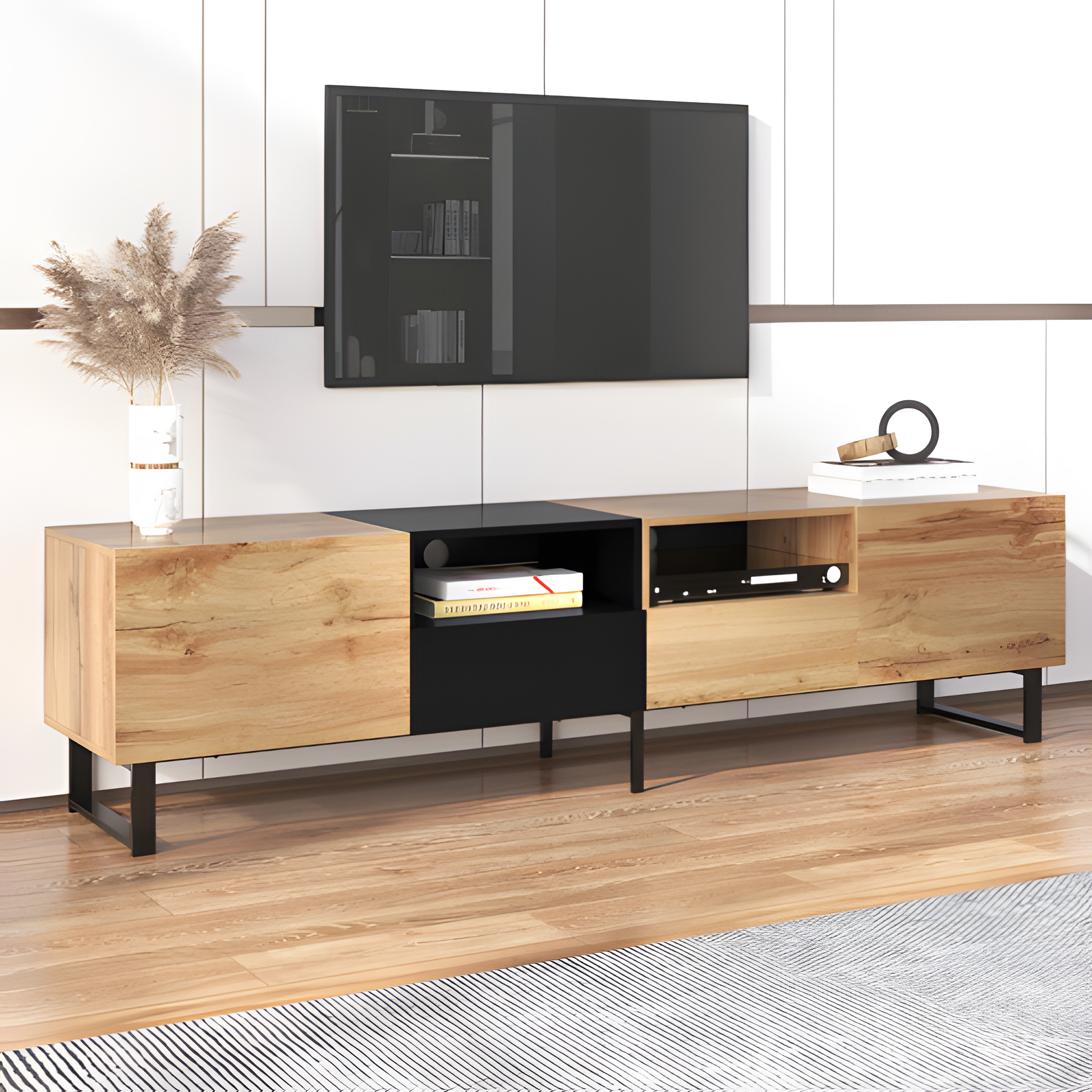 "NOIRWOOD" – Moderner TV-Schrank 190 cm mit Stauraum in Schwarz-Holz-Optik 📺🪵