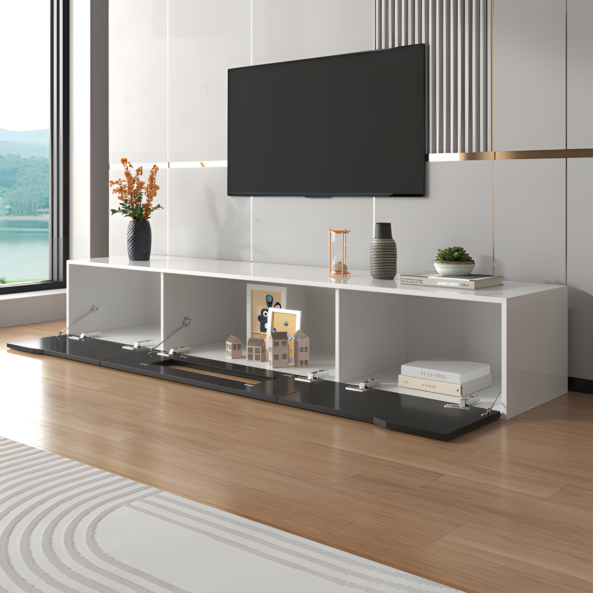 TV-Schrank „Lumino“ – Hochglanz in Schwarz-Weiß mit LED-Beleuchtung | 180 × 35 × 30 cm