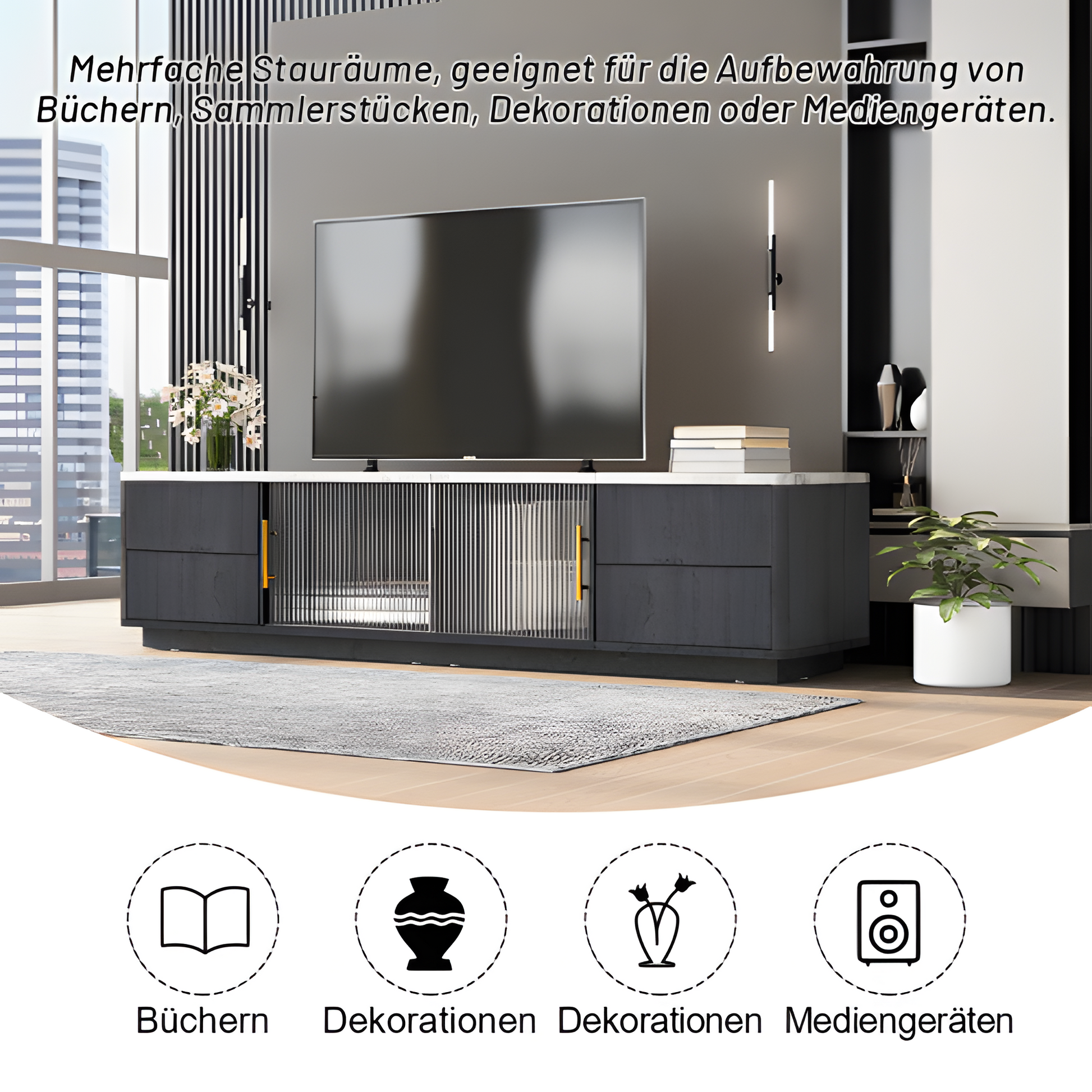TV-Lowboard „Marno“ – Grau mit Marmoroptik | 160 × 40 × 44,5 cm für Fernseher bis 70"