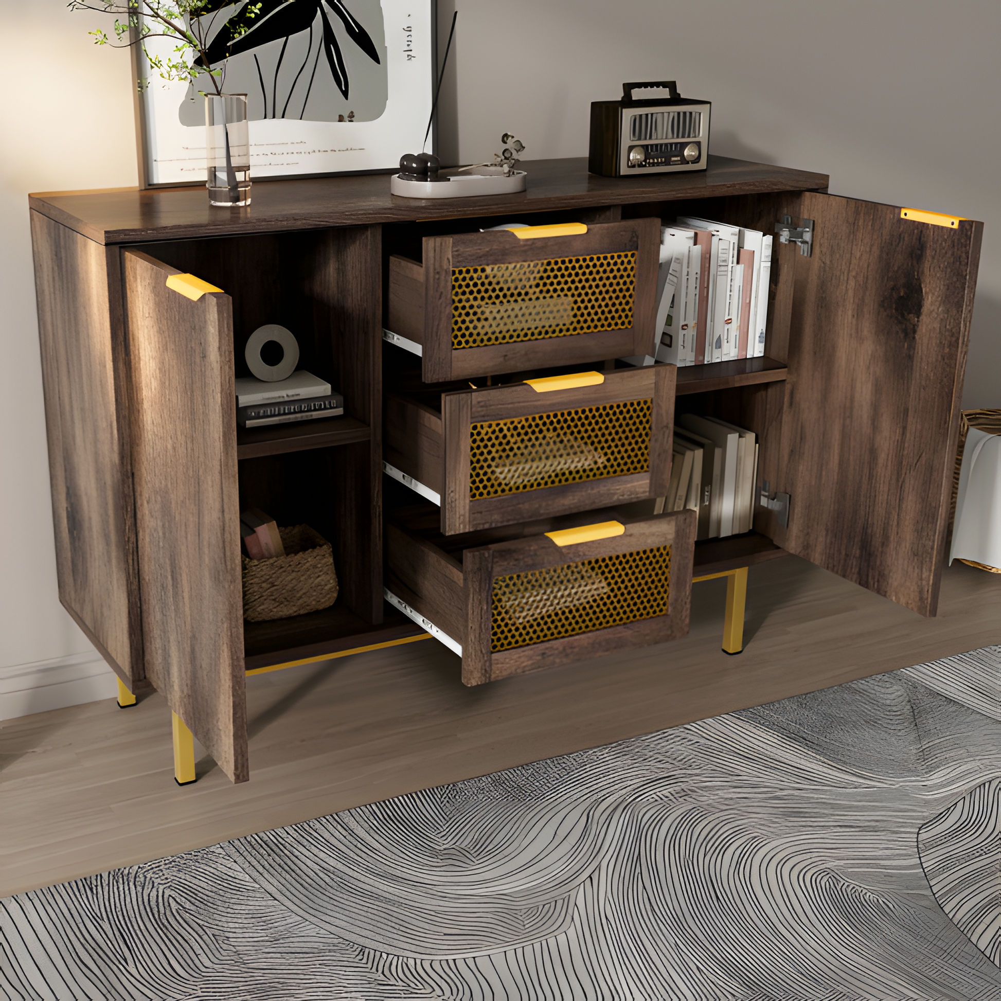 Sideboard „Ravena“ – 120 cm Kommode in Dunkelbraun mit Metallakzenten