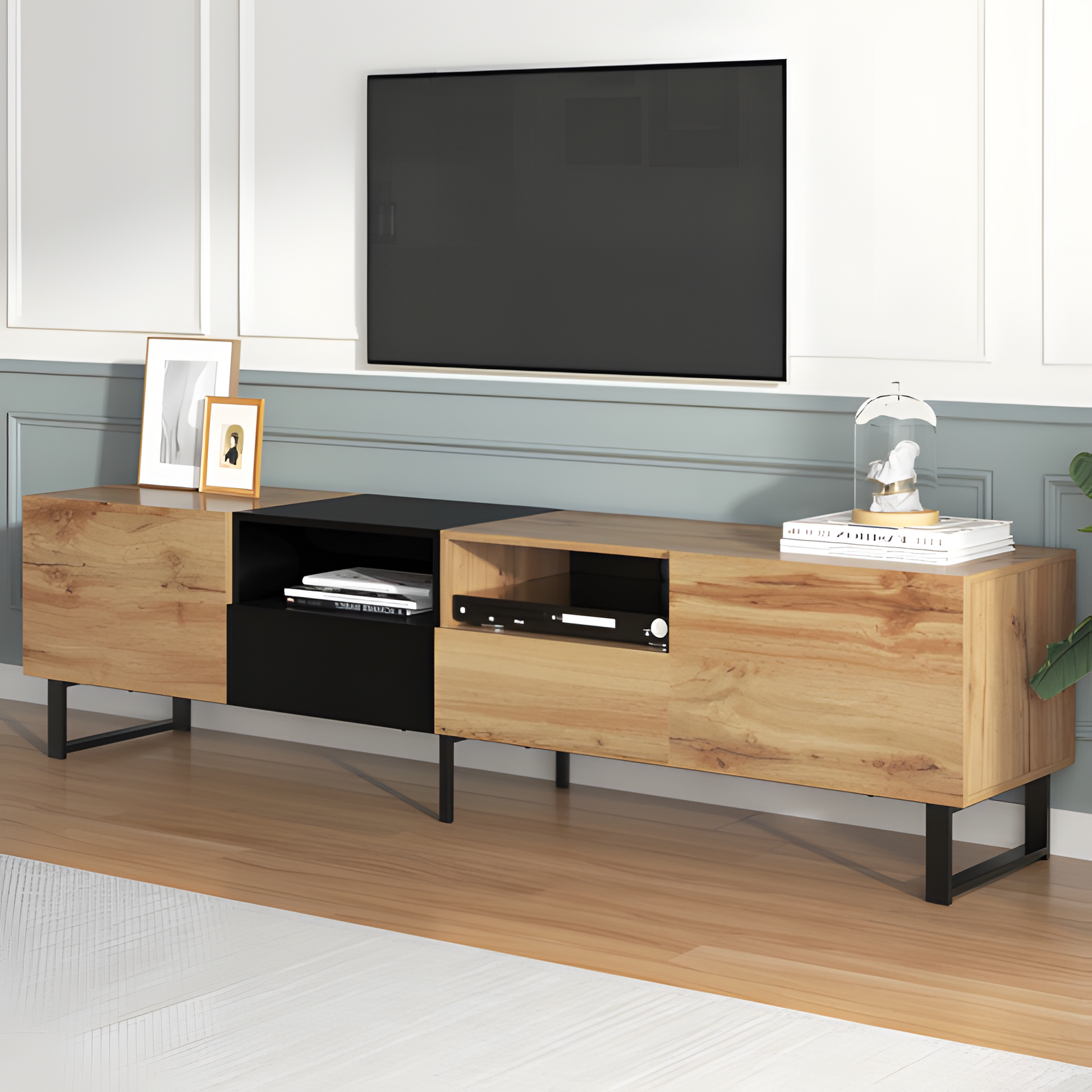 "NOIRWOOD" – Moderner TV-Schrank 190 cm mit Stauraum in Schwarz-Holz-Optik 📺🪵