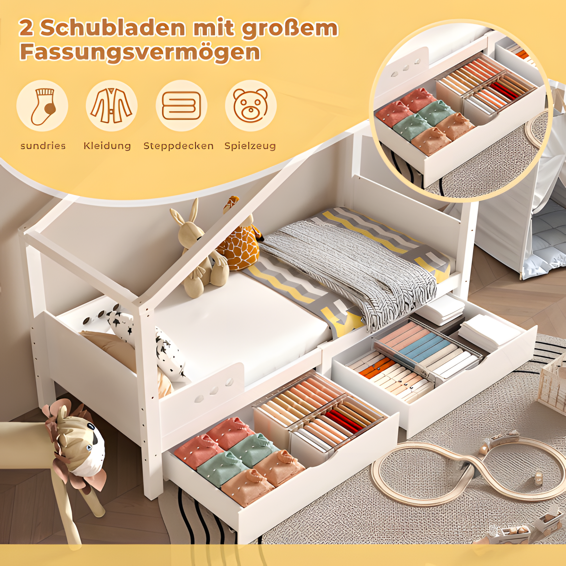 🛏️ "LITTLE HAVEN" Kinderbett mit Doppelschublade & Dachrahmen – 90x200 cm, Massivholzholz