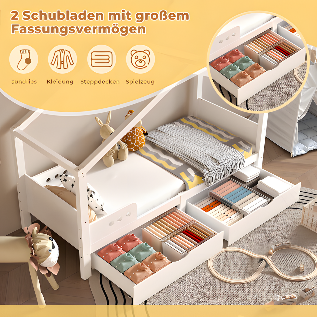 🛏️ "LITTLE HAVEN" Kinderbett mit Doppelschublade & Dachrahmen – 90x200 cm, Massivholzholz