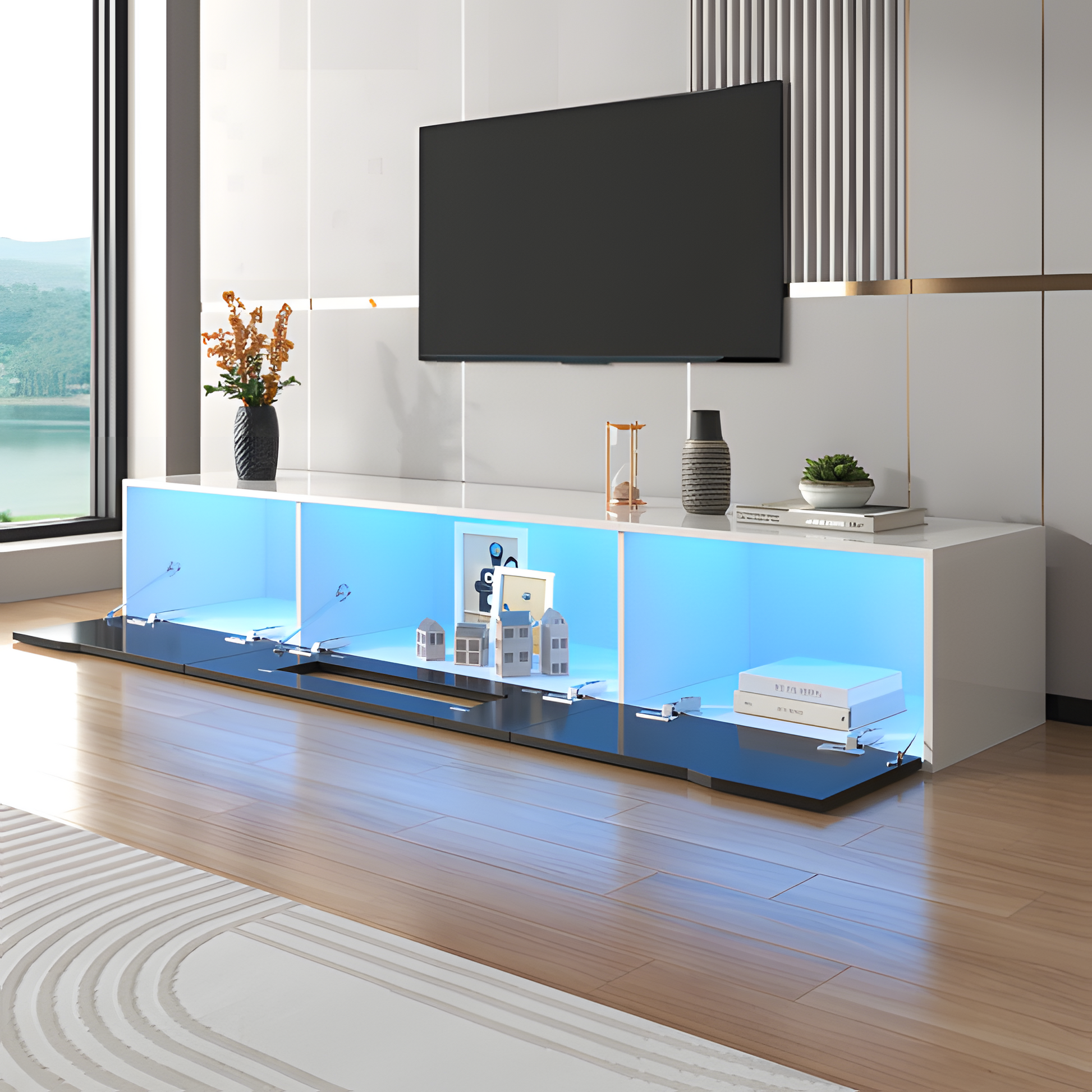 TV-Schrank „Lumino“ – Hochglanz in Schwarz-Weiß mit LED-Beleuchtung | 180 × 35 × 30 cm