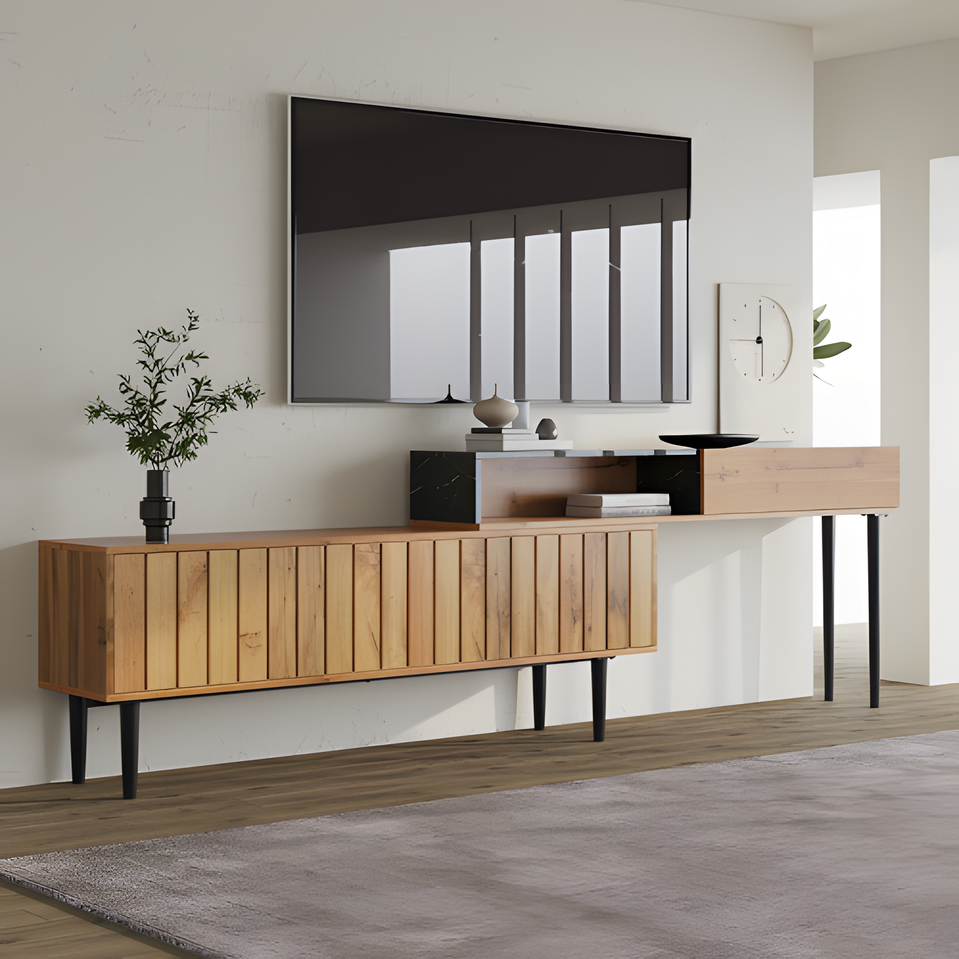 TV-Board „Moderno“ – 129 cm in Marmor-Holzoptik mit Eisenbeinen