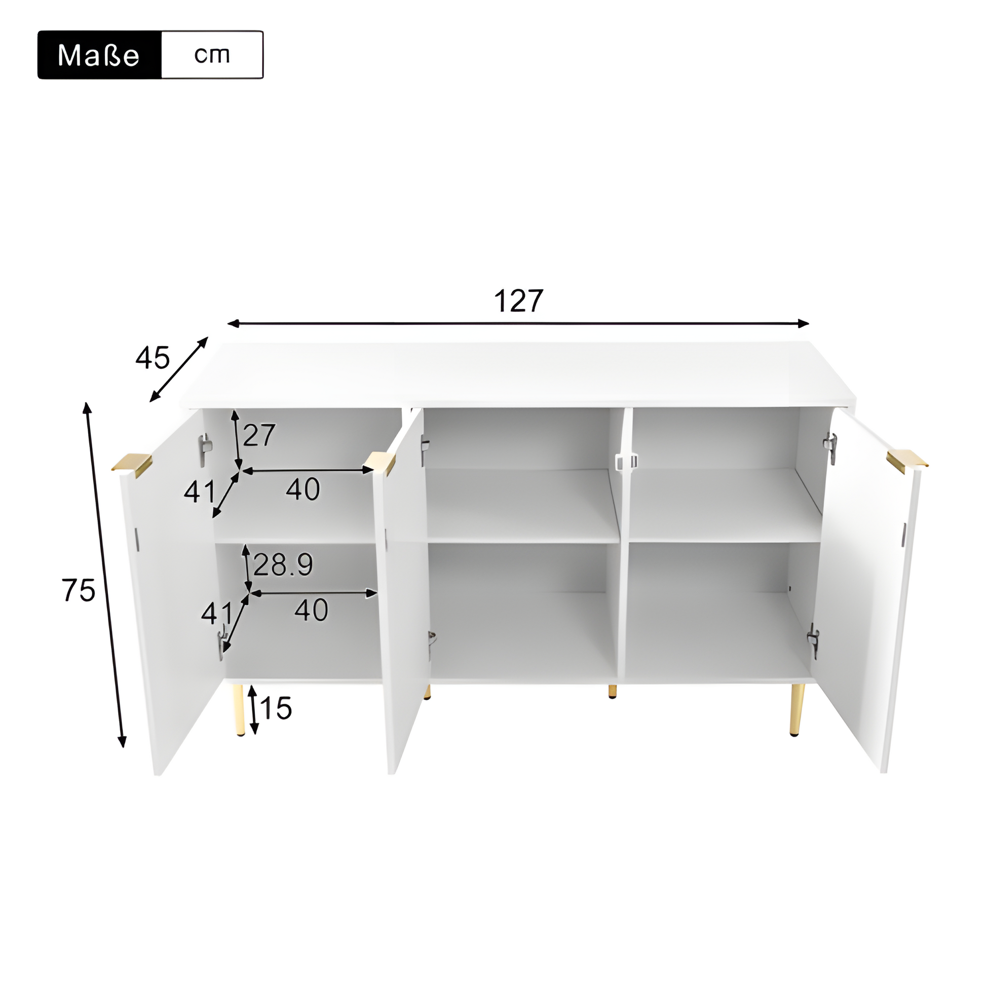 Sideboard Liora – Weiß mit Goldakzenten & Blumenmuster | 127 × 45 × 75 cm