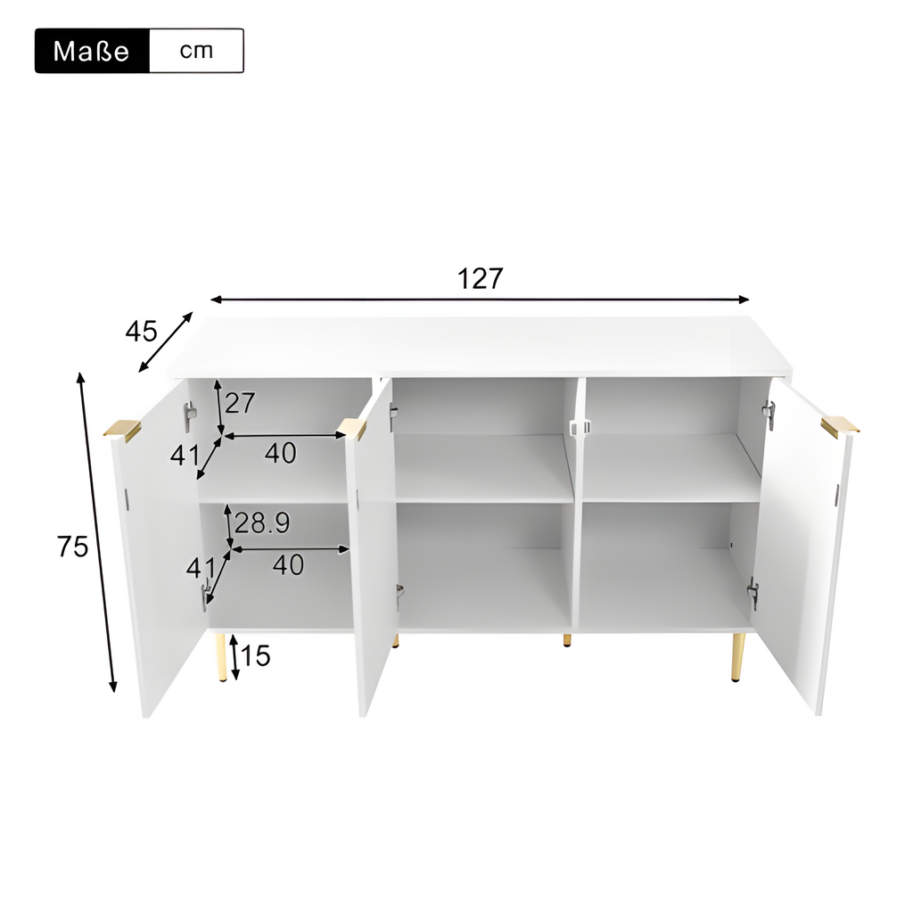 Sideboard Liora – Weiß mit Goldakzenten & Blumenmuster | 127 × 45 × 75 cm
