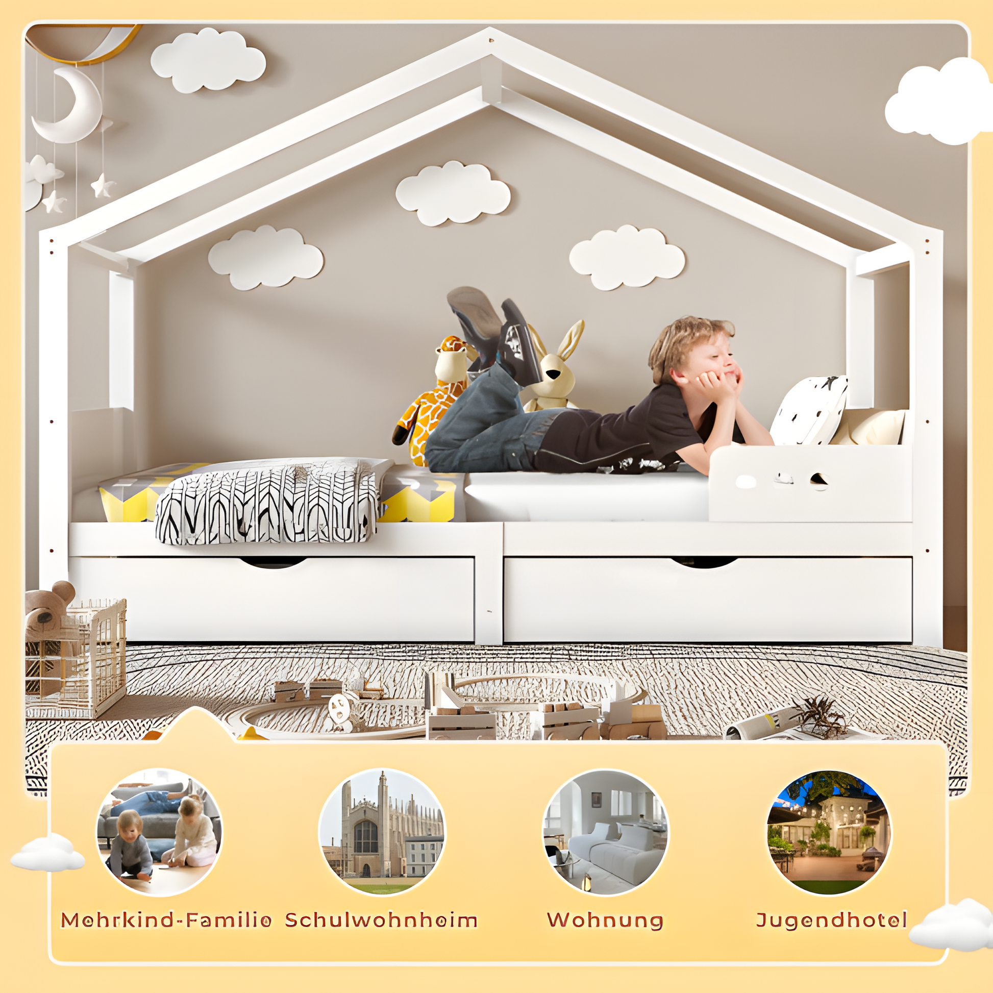 🛏️ "LITTLE HAVEN" Kinderbett mit Doppelschublade & Dachrahmen – 90x200 cm, Massivholzholz