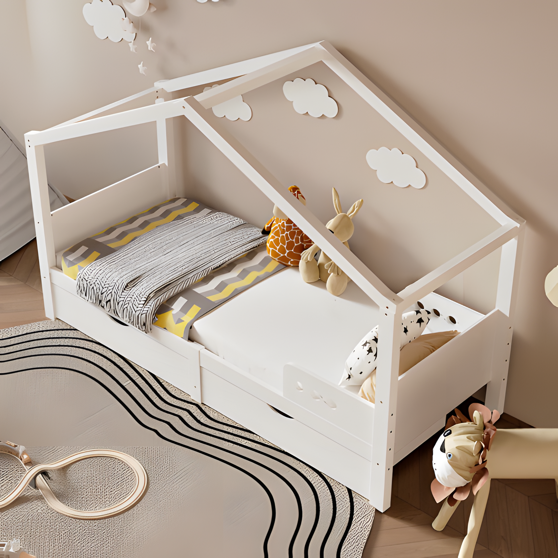🛏️ "LITTLE HAVEN" Kinderbett mit Doppelschublade & Dachrahmen – 90x200 cm, Massivholzholz
