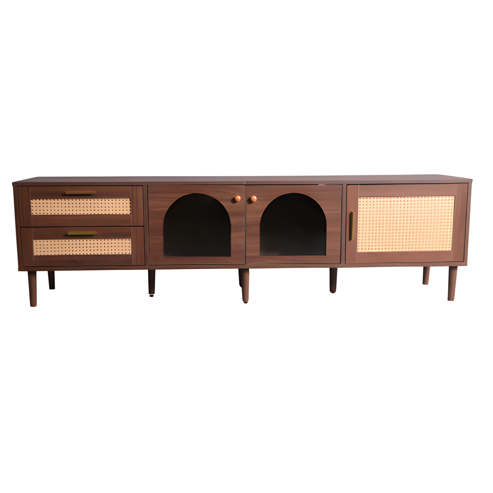 TV-Schrank „RattanLux“ – 180 cm, LED, Rattan & Glas | Für Fernseher bis 80 Zoll