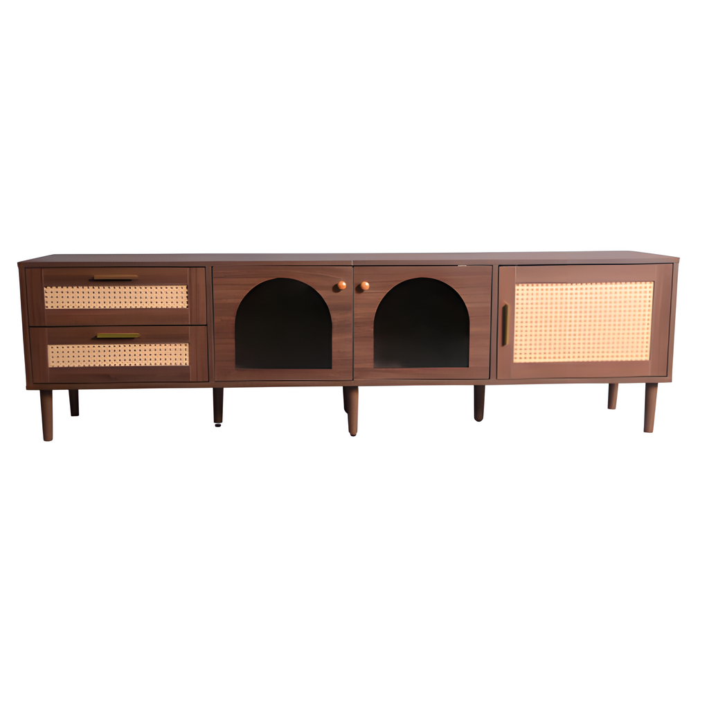 TV-Schrank „RattanLux“ – 180 cm, LED, Rattan & Glas | Für Fernseher bis 80 Zoll