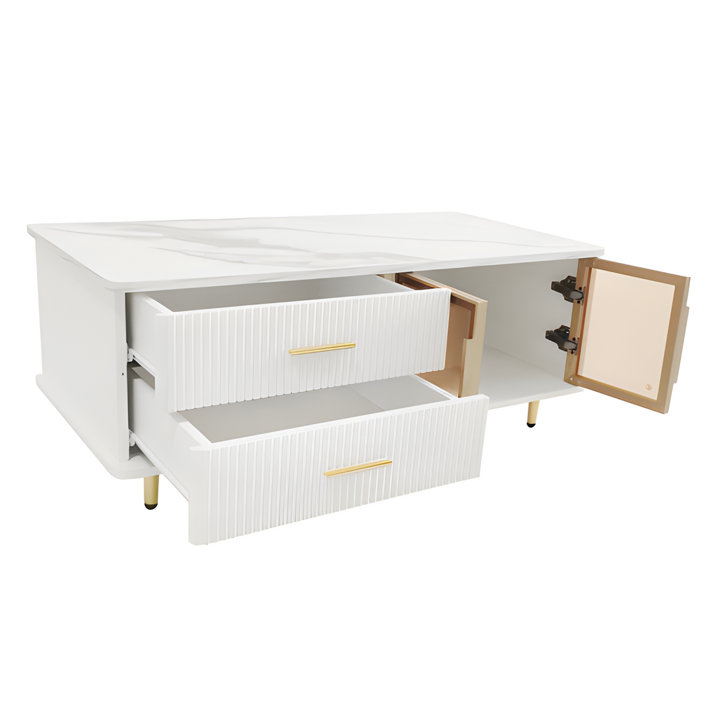 Couchtisch „WaveLux“ – mit Glasfront, Marmoroptik & LED-Beleuchtung | 100 × 50 × 40 cm