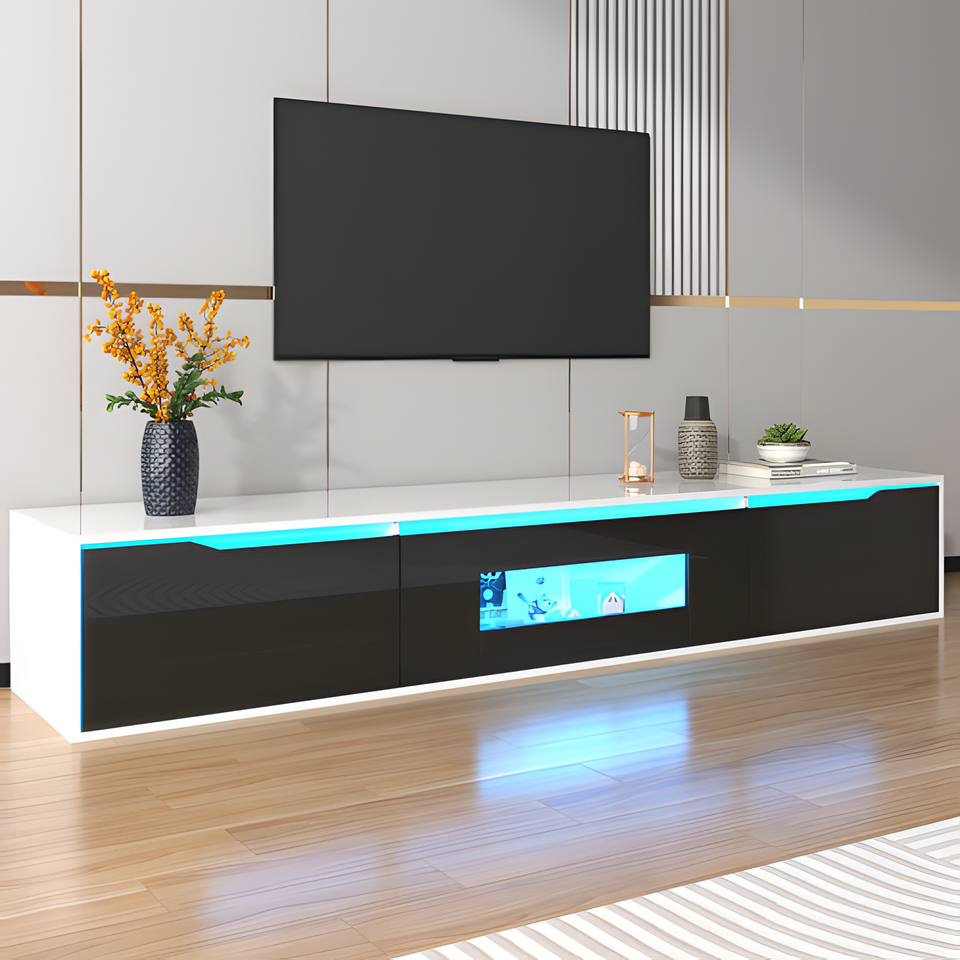 TV-Schrank „Lumino“ – Hochglanz in Schwarz-Weiß mit LED-Beleuchtung | 180 × 35 × 30 cm