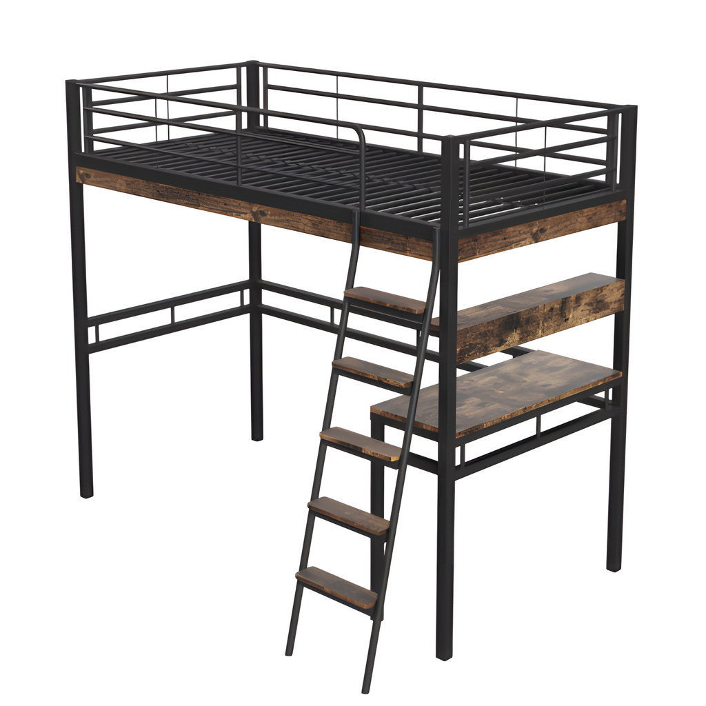 "ALTO" – Hochbett 90×200 cm mit Schreibtisch & Regal in Schwarz