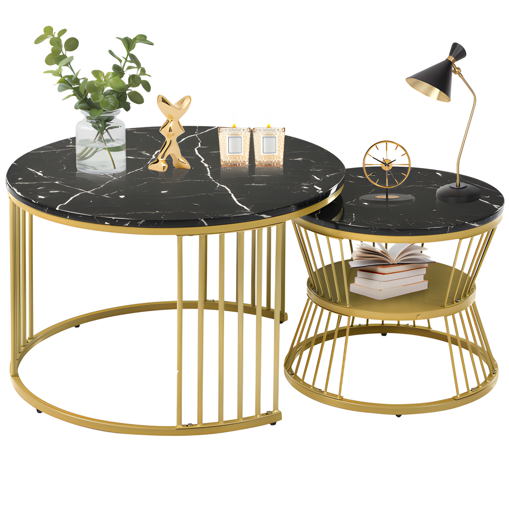 „MARBLA“ – 2er-Set Couchtisch in Marmoroptik & Goldrahmen
