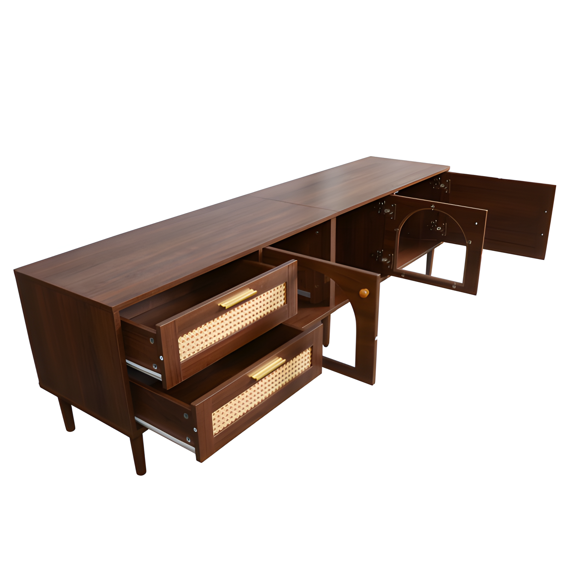 TV-Schrank „RattanLux“ – 180 cm, LED, Rattan & Glas | Für Fernseher bis 80 Zoll
