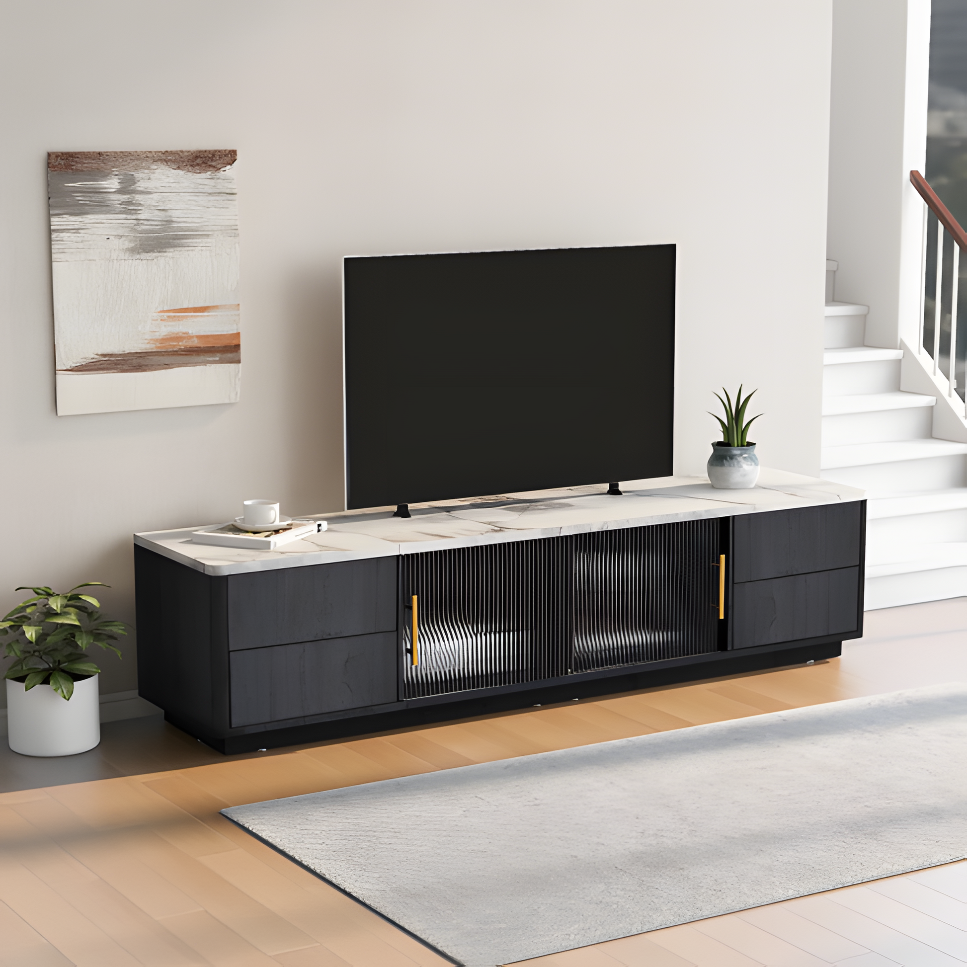 TV-Lowboard „Marno“ – Grau mit Marmoroptik | 160 × 40 × 44,5 cm für Fernseher bis 70"
