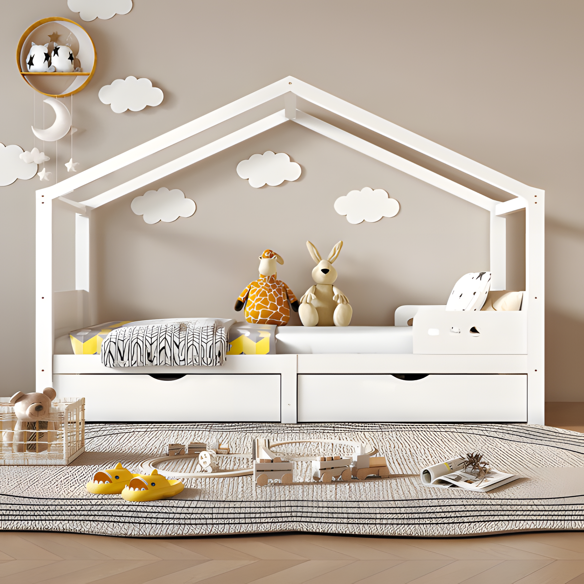 🛏️ "LITTLE HAVEN" Kinderbett mit Doppelschublade & Dachrahmen – 90x200 cm, Massivholzholz