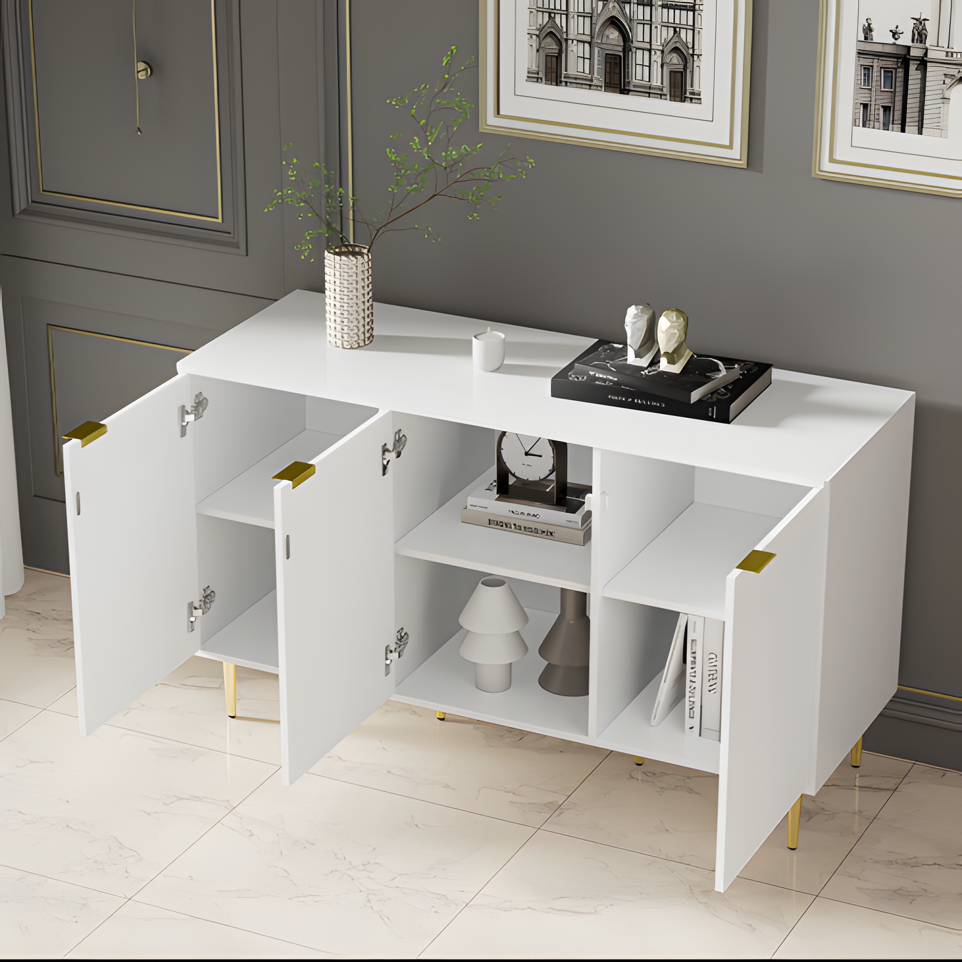 Sideboard Liora – Weiß mit Goldakzenten & Blumenmuster | 127 × 45 × 75 cm