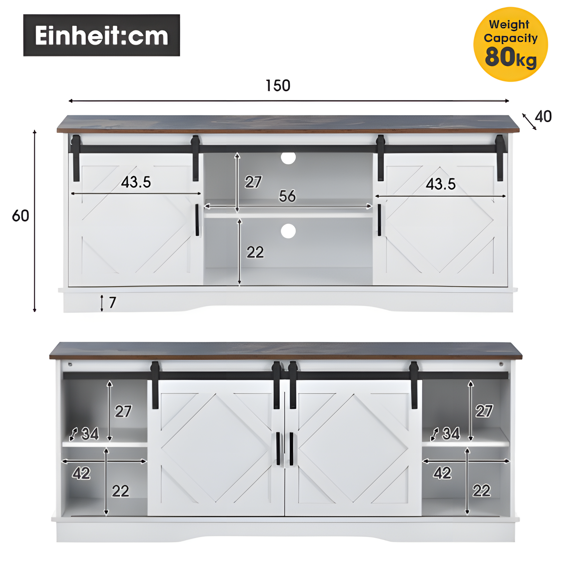 TV-Schrank „FARMSTYLE“ – mit Schiebetüren, verstellbaren Regalen & Landhausdesign