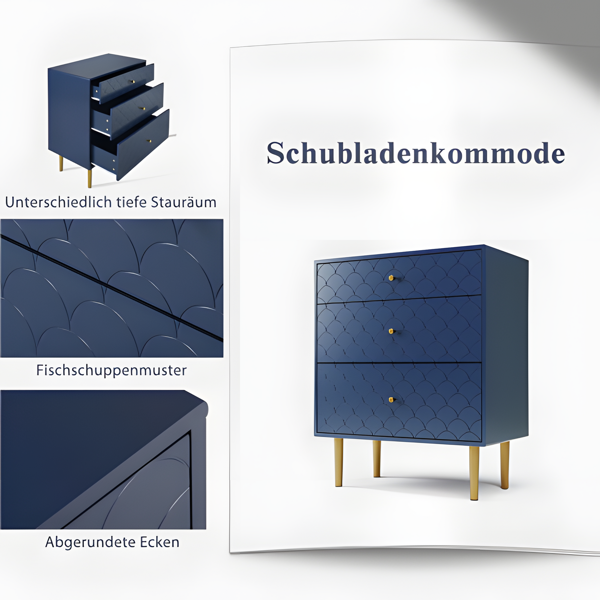 Schubladenkommode „Marina“ – Marineblau mit Fischschuppenstruktur | 89 × 75 × 40 cm