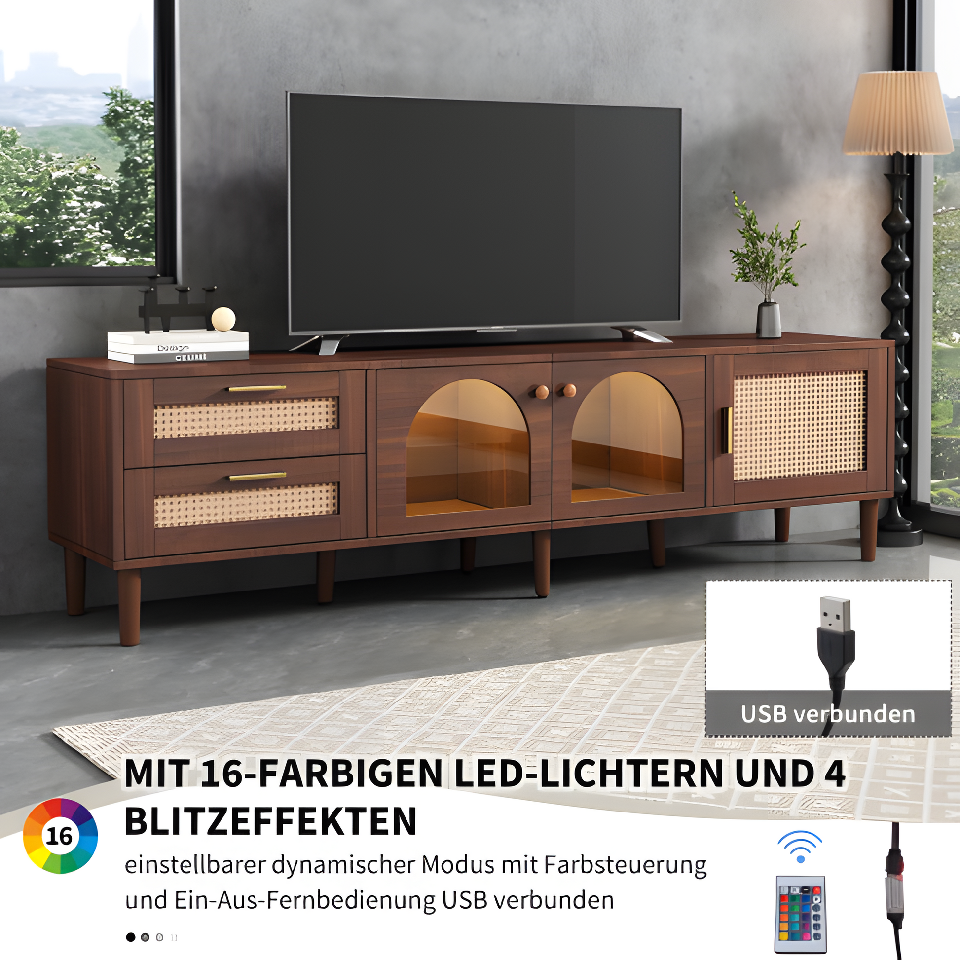 TV-Schrank „RattanLux“ – 180 cm, LED, Rattan & Glas | Für Fernseher bis 80 Zoll