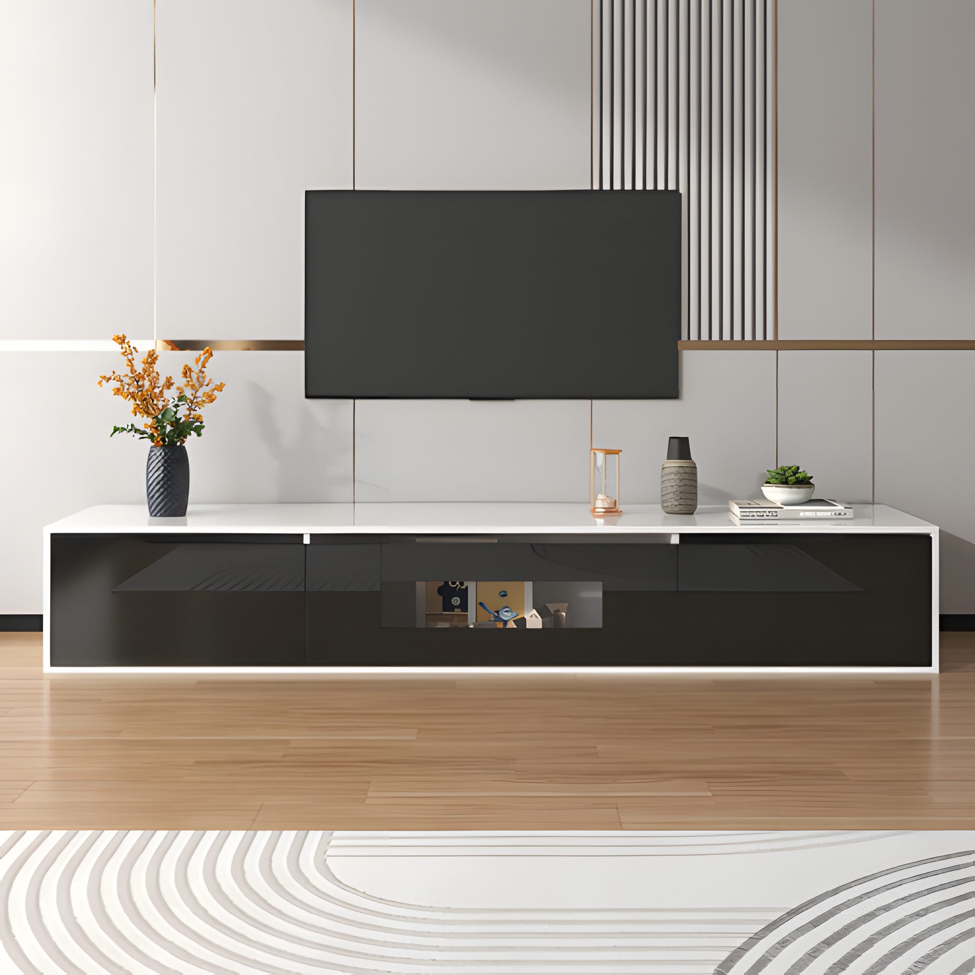 TV-Schrank „Lumino“ – Hochglanz in Schwarz-Weiß mit LED-Beleuchtung | 180 × 35 × 30 cm