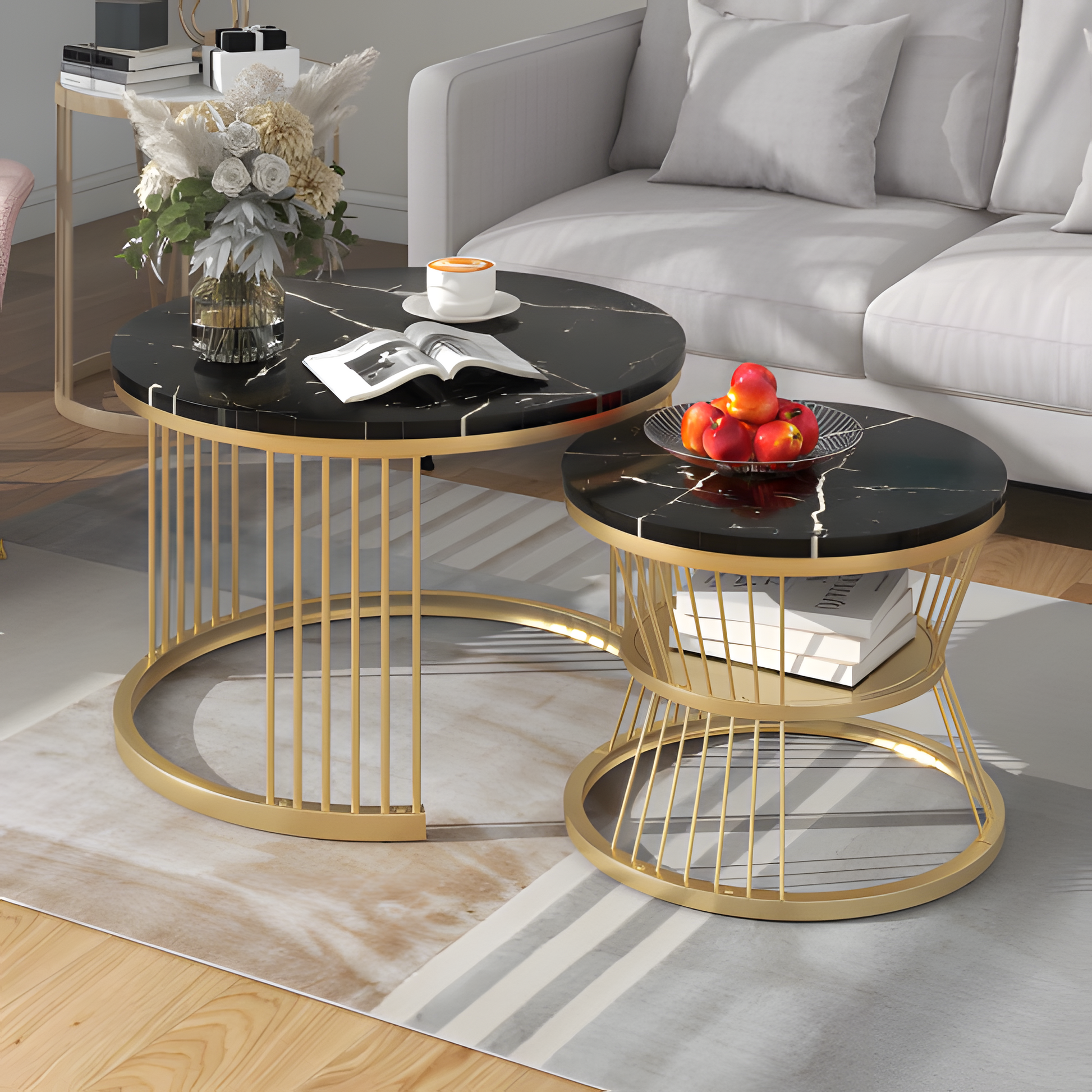 „MARBLA“ – 2er-Set Couchtisch in Marmoroptik & Goldrahmen