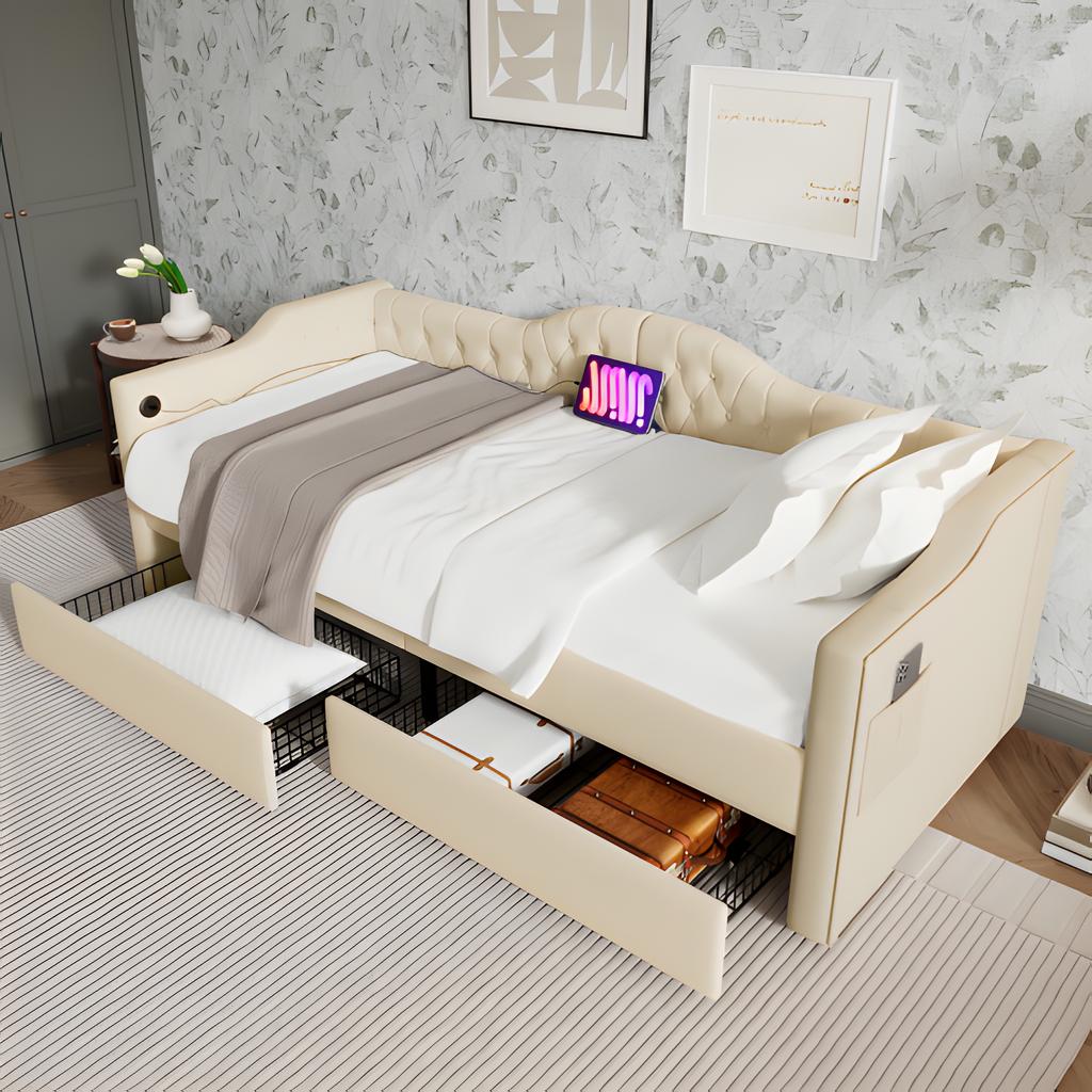 "DUOSLEEP" – Schlafsofa mit Stauraum und USB/Typ-C-Anschluss (90x190 cm, Beige oder Grau)