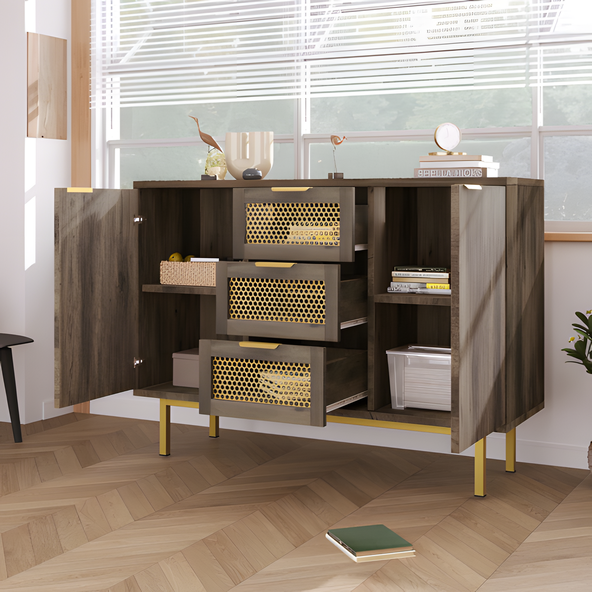 Sideboard „Ravena“ – 120 cm Kommode in Dunkelbraun mit Metallakzenten