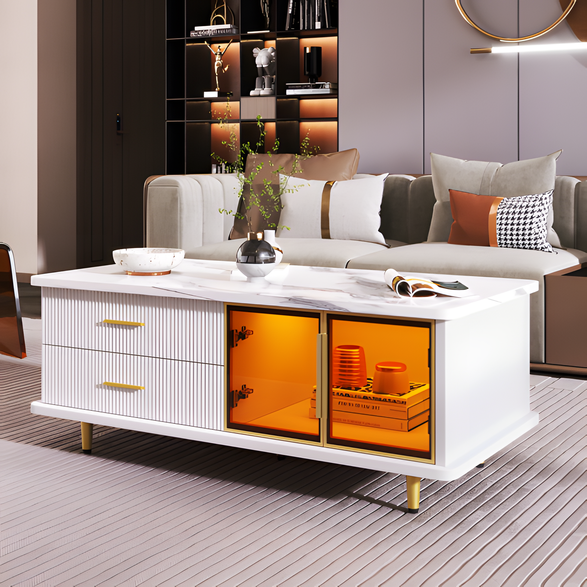 Couchtisch „WaveLux“ – mit Glasfront, Marmoroptik & LED-Beleuchtung | 100 × 50 × 40 cm