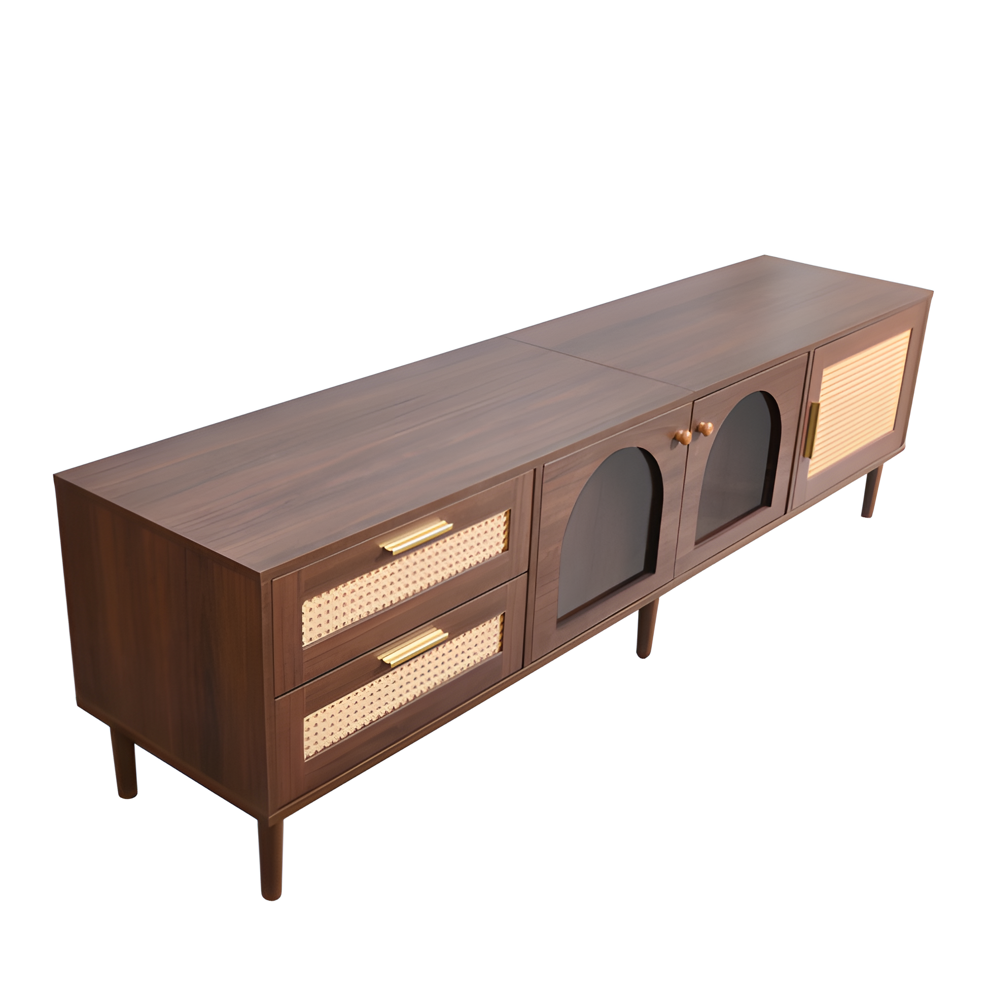 TV-Schrank „RattanLux“ – 180 cm, LED, Rattan & Glas | Für Fernseher bis 80 Zoll