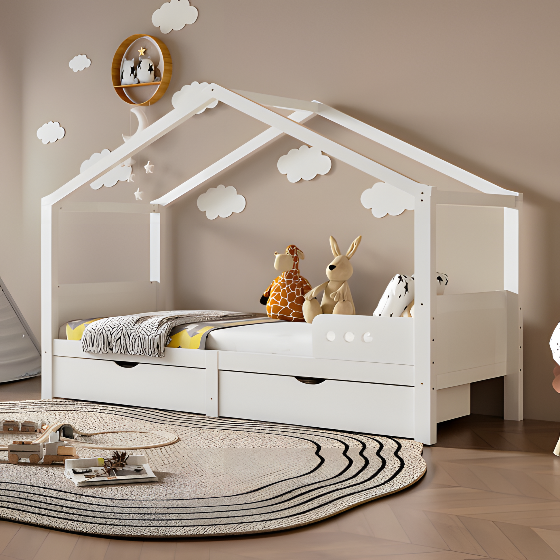 🛏️ "LITTLE HAVEN" Kinderbett mit Doppelschublade & Dachrahmen – 90x200 cm, Massivholzholz