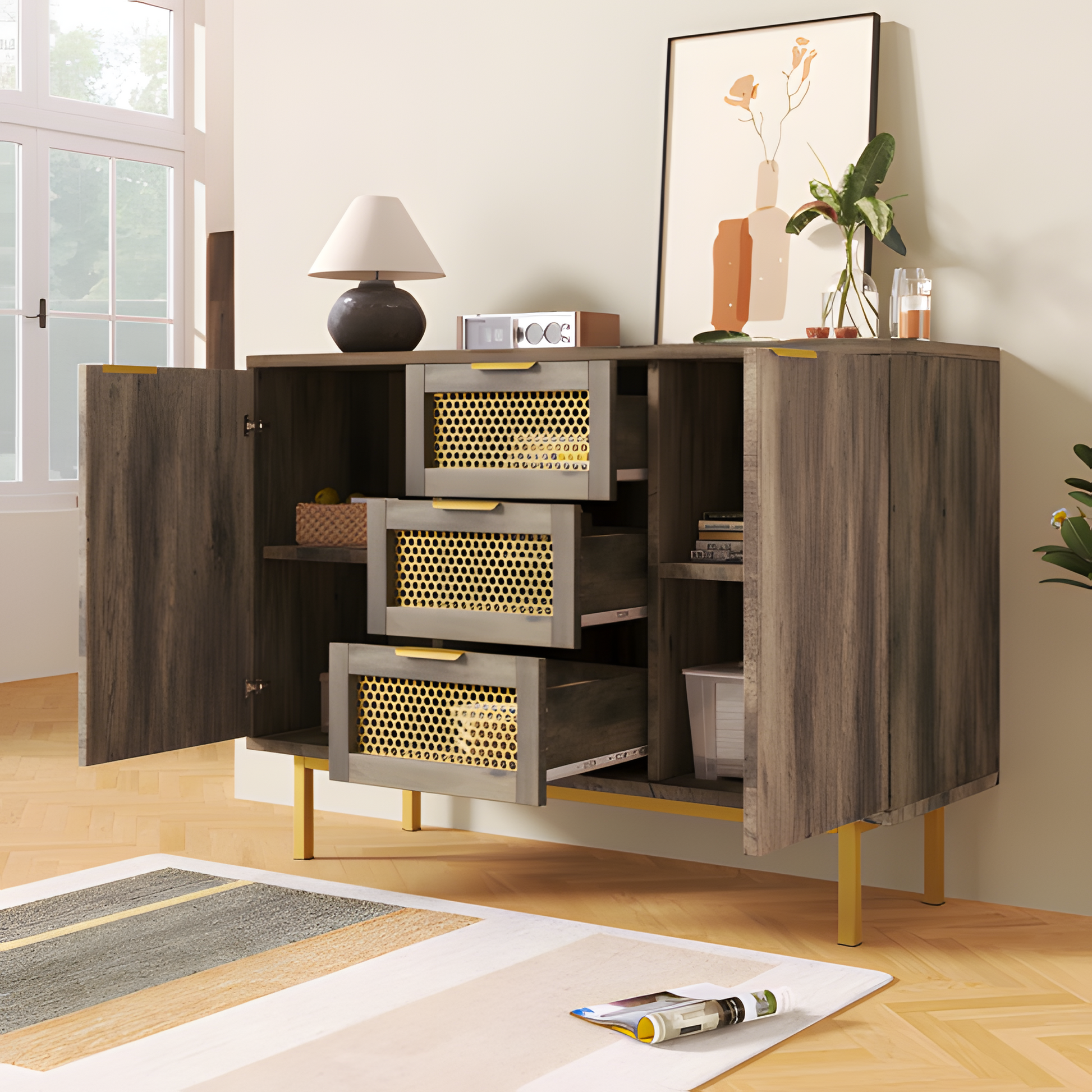 Sideboard „Ravena“ – 120 cm Kommode in Dunkelbraun mit Metallakzenten