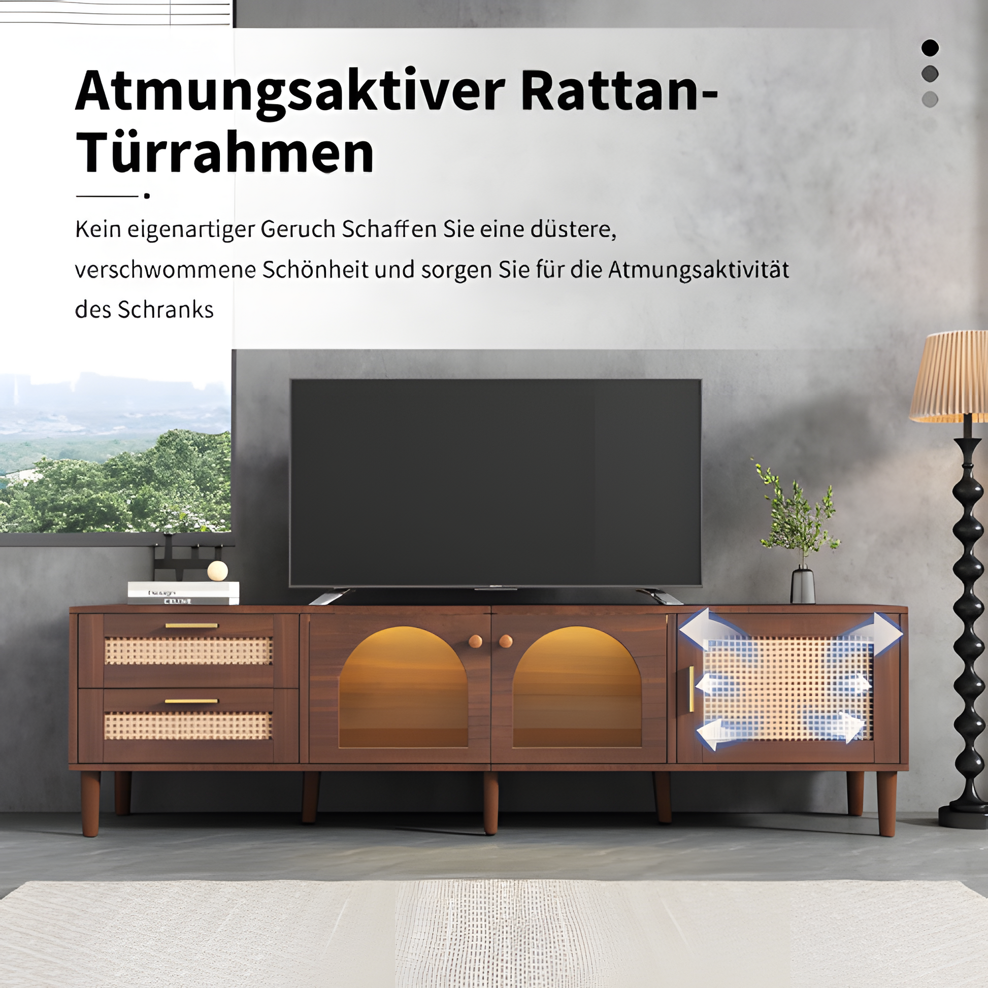 TV-Schrank „RattanLux“ – 180 cm, LED, Rattan & Glas | Für Fernseher bis 80 Zoll