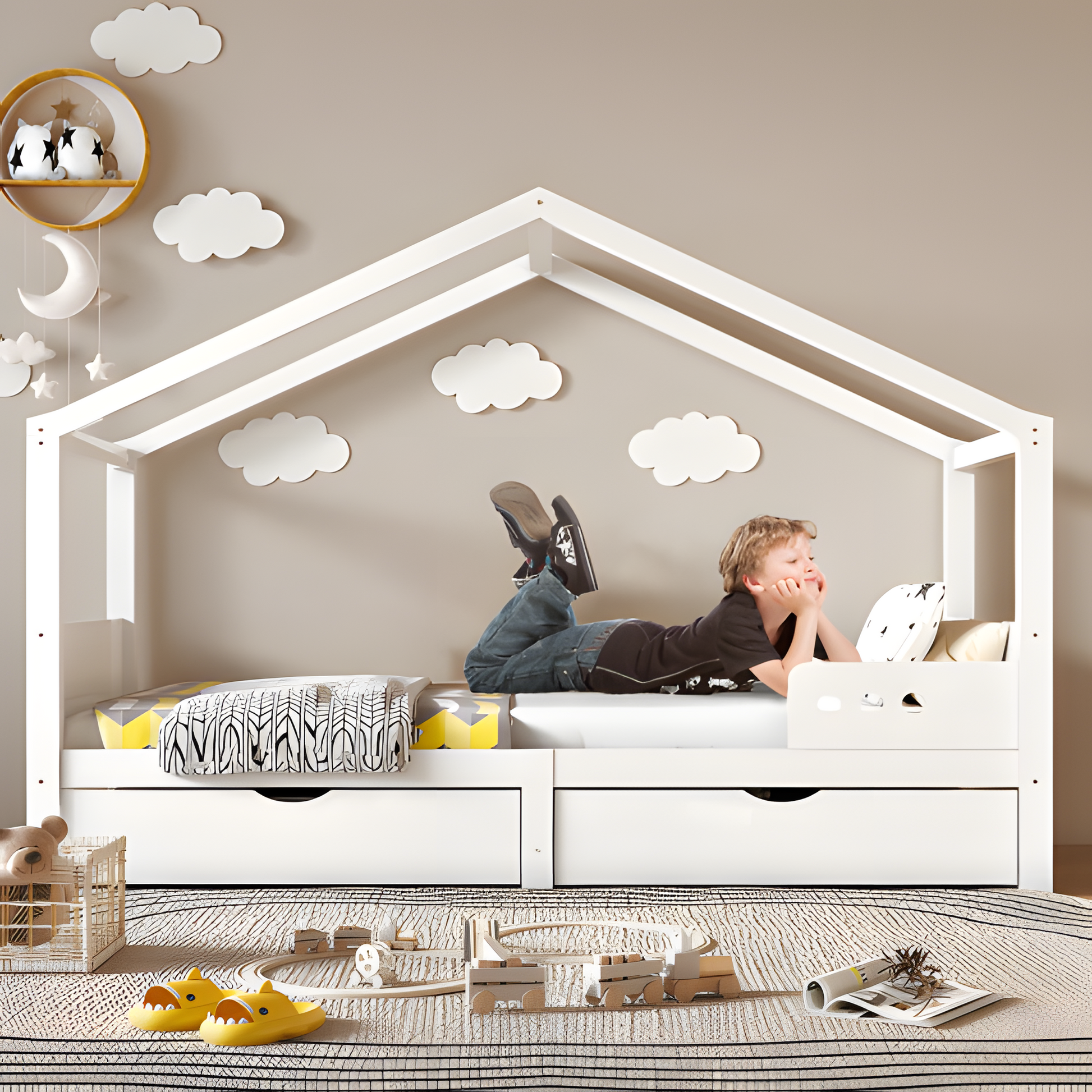 🛏️ "LITTLE HAVEN" Kinderbett mit Doppelschublade & Dachrahmen – 90x200 cm, Massivholzholz